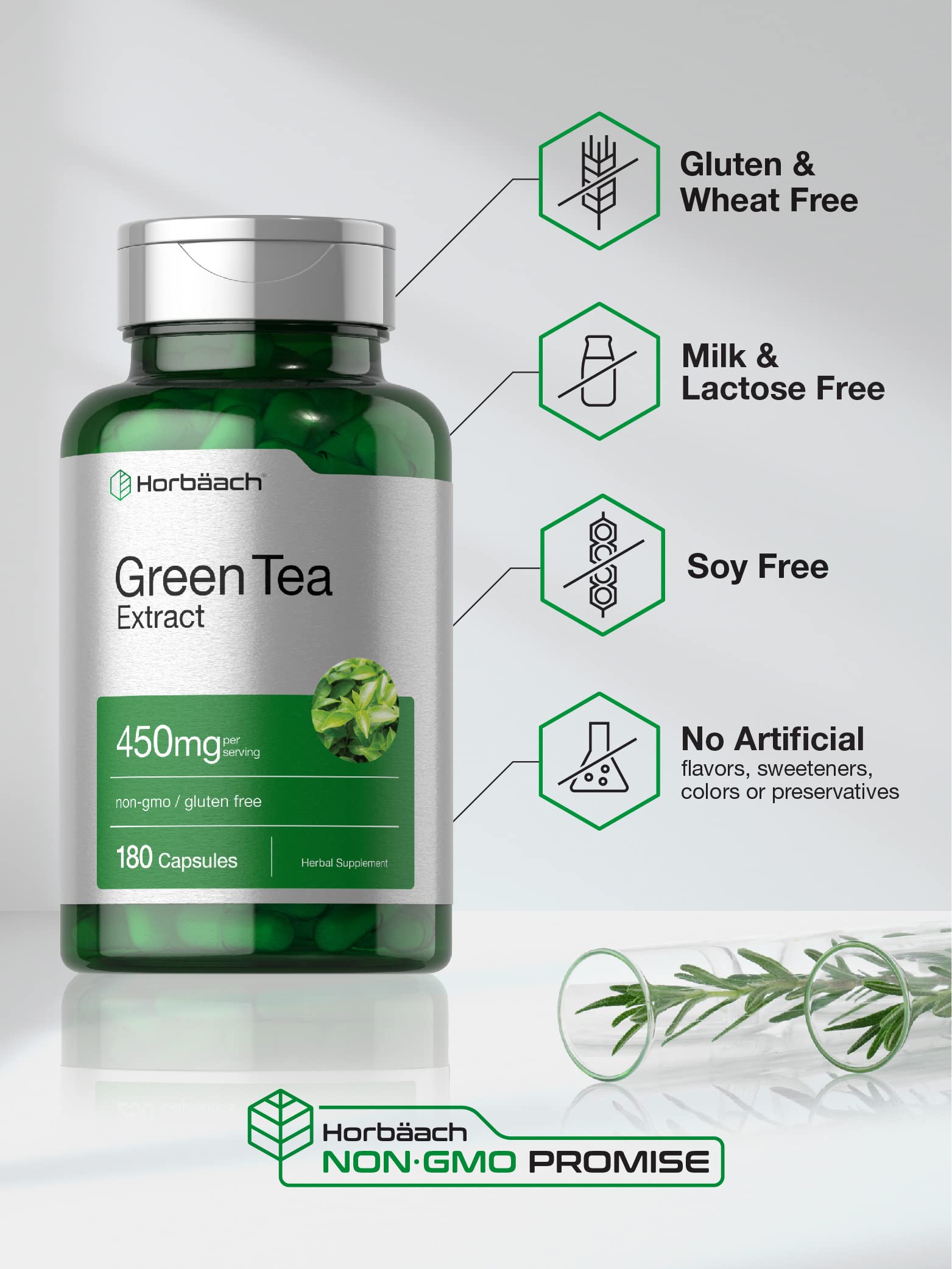 Horbäach Green Tea Extract Supplement | 450mg | 180 Capsules | Extra Strength Herbal Formula | Non-GMO and Gluten Free - Image 4