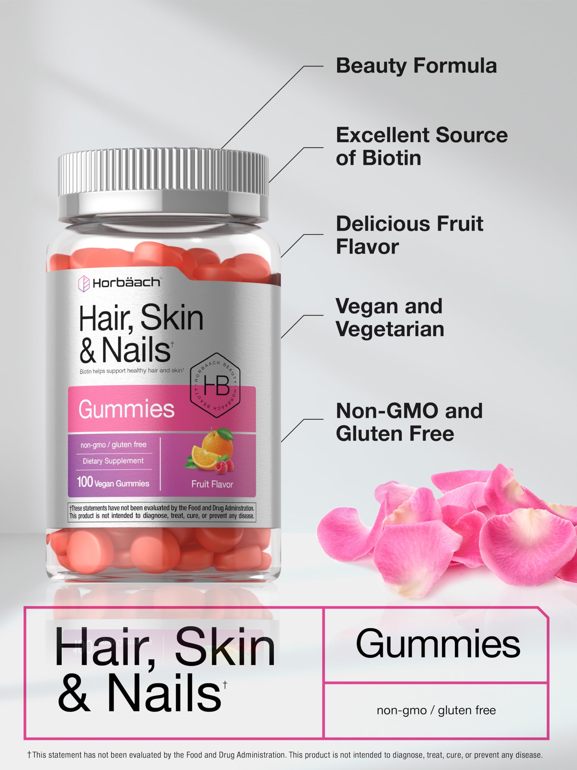 Horbäach Hair Skin and Nails Gummies | 100 Count | with Biotin | Fruit Flavored Vitamins | Non-GMO, Gluten Free Supplement - Image 4