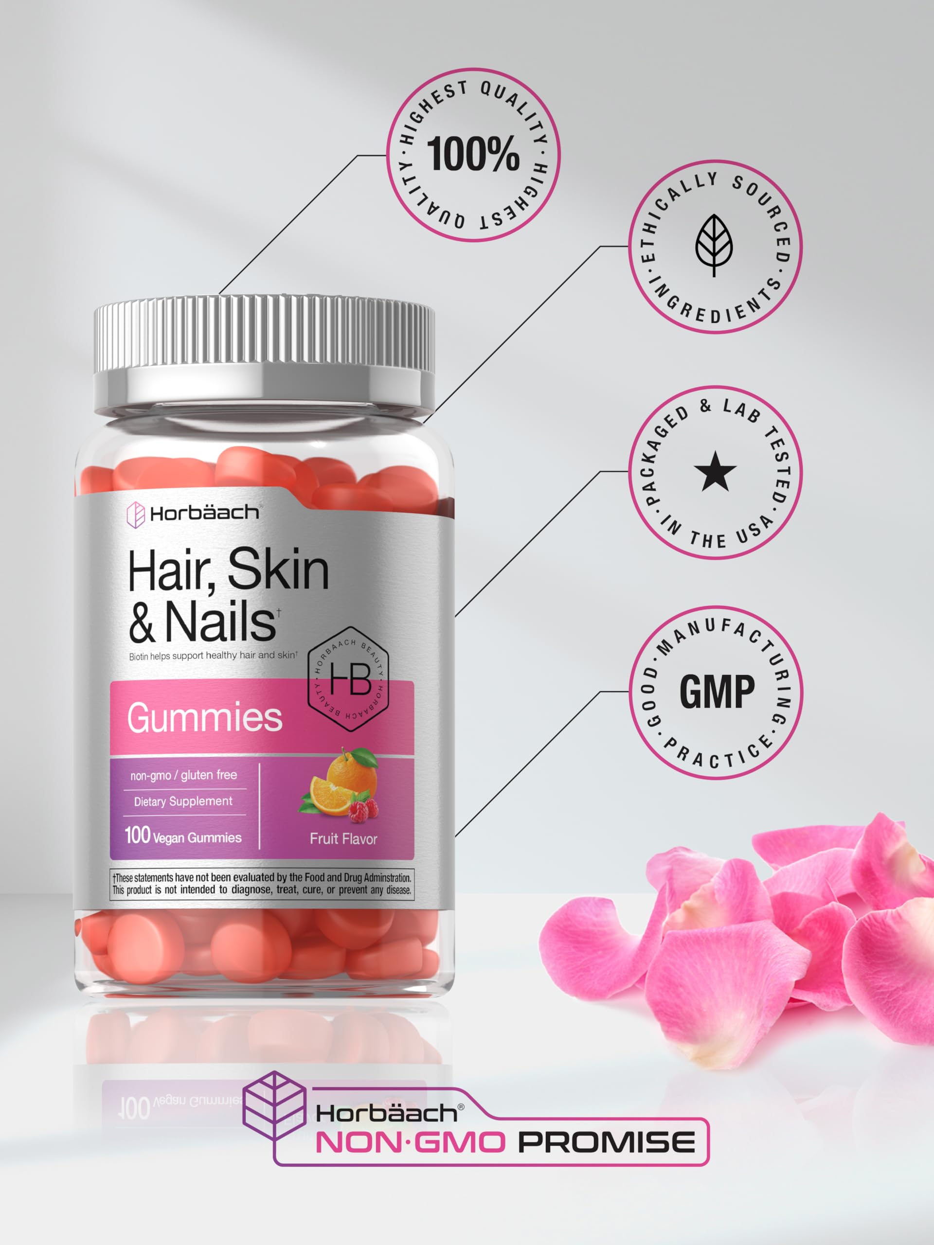 Horbäach Hair Skin and Nails Gummies | 100 Count | with Biotin | Fruit Flavored Vitamins | Non-GMO, Gluten Free Supplement - Image 6