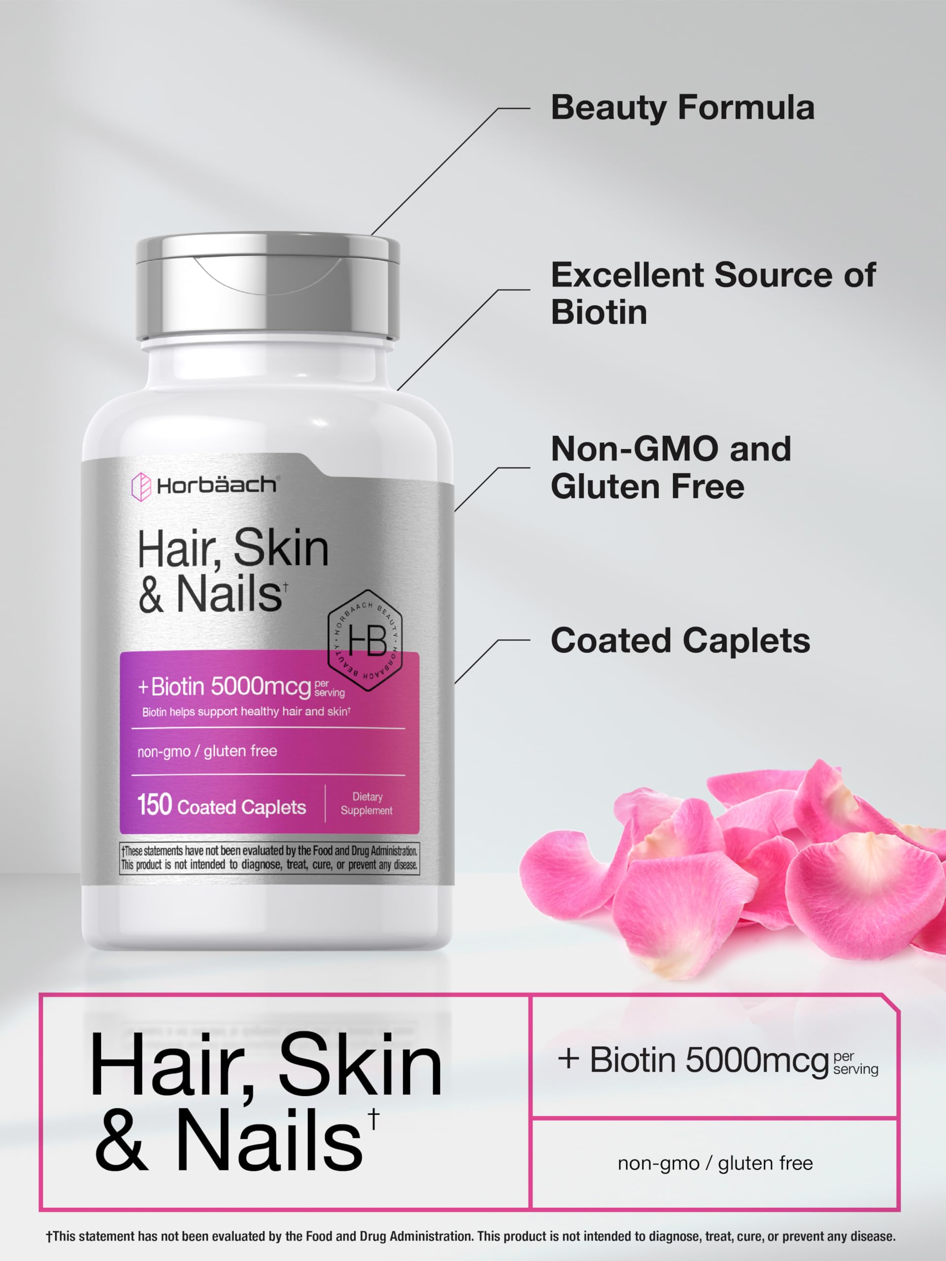 Horbäach Hair Skin and Nails Vitamins | 150 Caplets | with Biotin and Collagen | Supplement for Women and Men | Non-GMO, Gluten Free - Image 4