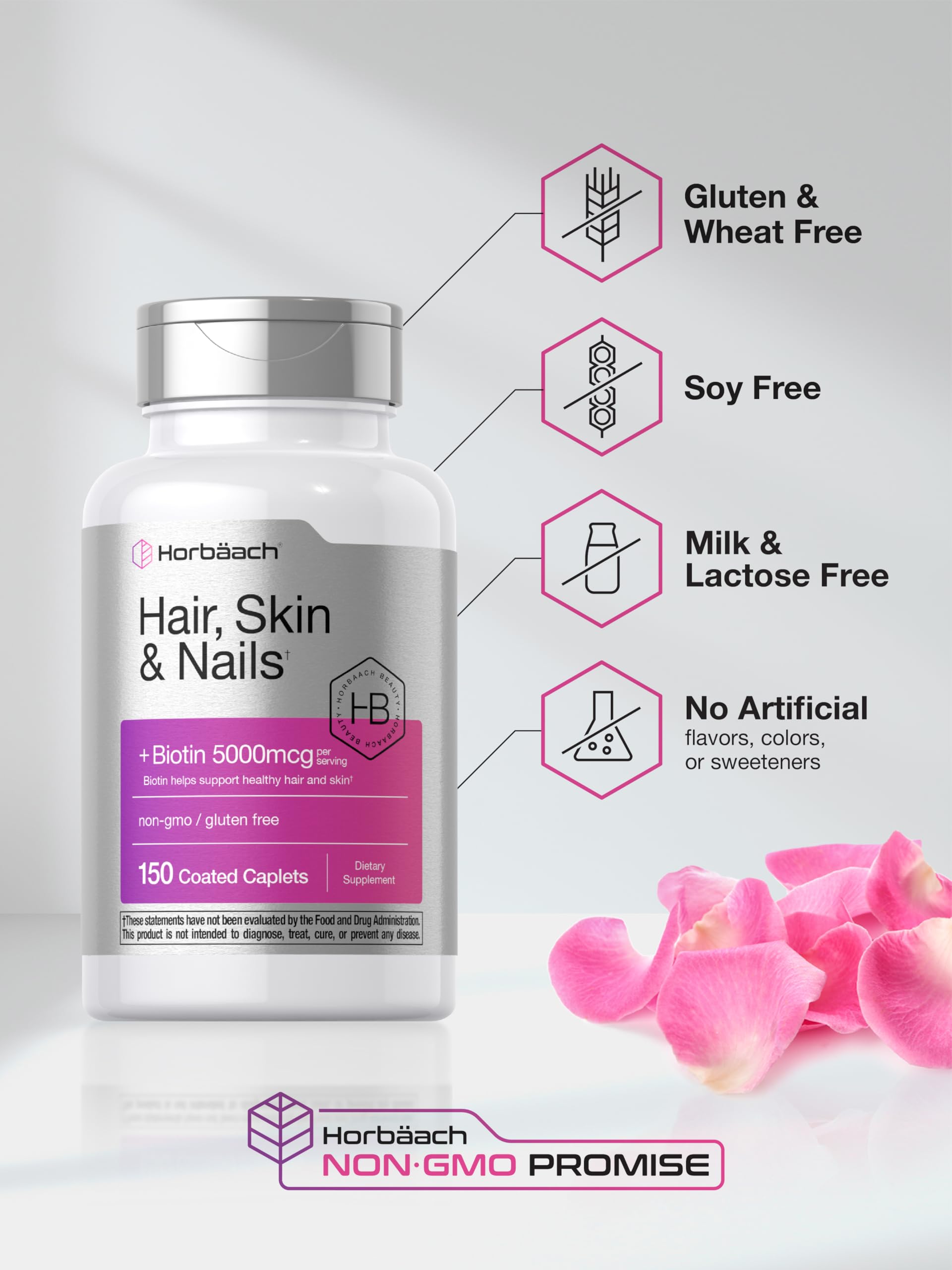 Horbäach Hair Skin and Nails Vitamins | 150 Caplets | with Biotin and Collagen | Supplement for Women and Men | Non-GMO, Gluten Free - Image 5
