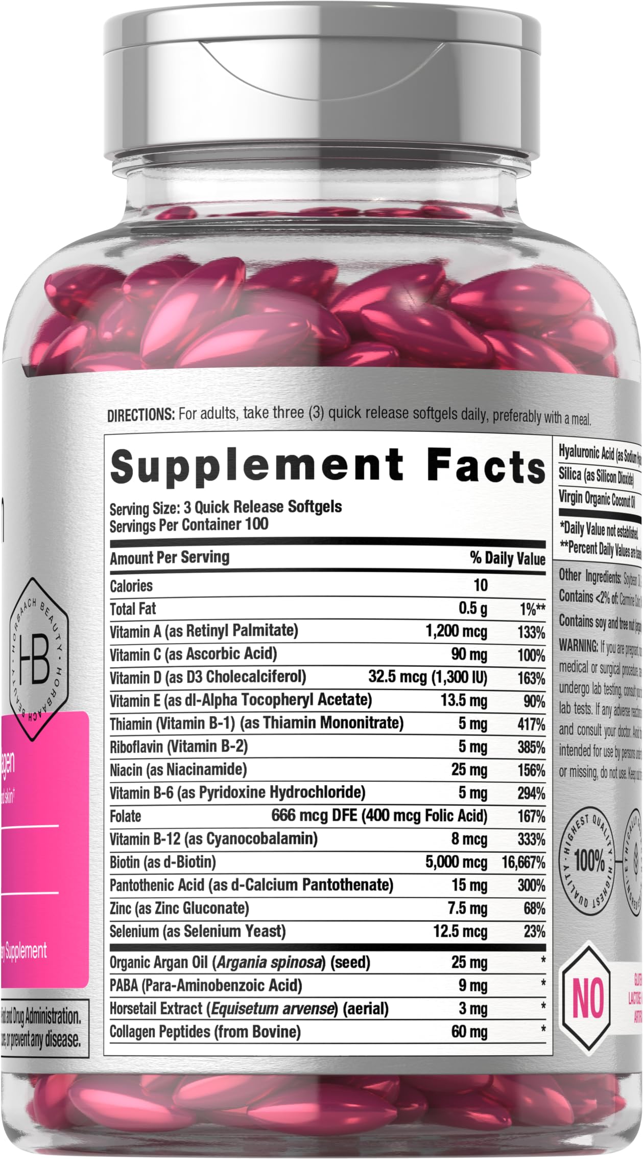 Horbäach Hair Skin and Nails Vitamins | 300 Softgels | with Biotin and Collagen | Infused with Argan Oil and Coconut Oil | Non-GMO, Gluten Free Supplement - Image 2