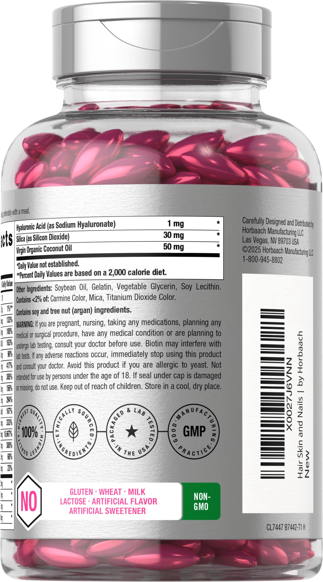 Horbäach Hair Skin and Nails Vitamins | 300 Softgels | with Biotin and Collagen | Infused with Argan Oil and Coconut Oil | Non-GMO, Gluten Free Supplement - Image 3