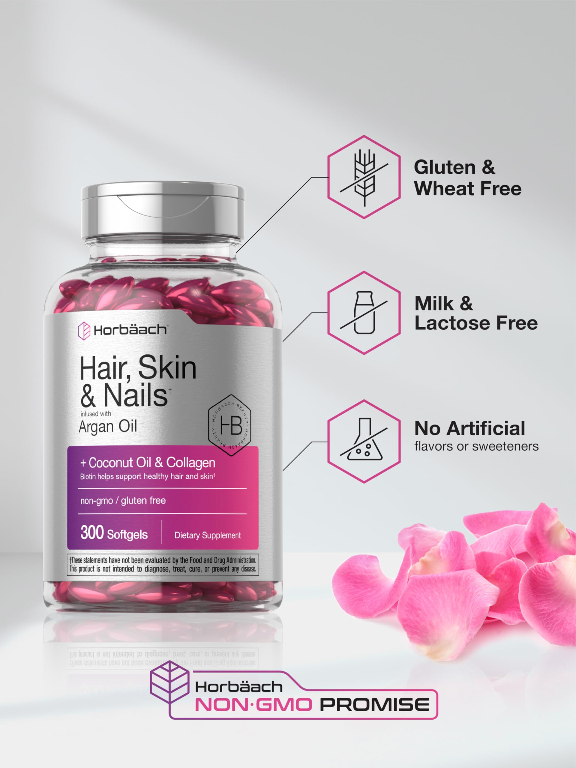Horbäach Hair Skin and Nails Vitamins | 300 Softgels | with Biotin and Collagen | Infused with Argan Oil and Coconut Oil | Non-GMO, Gluten Free Supplement - Image 5