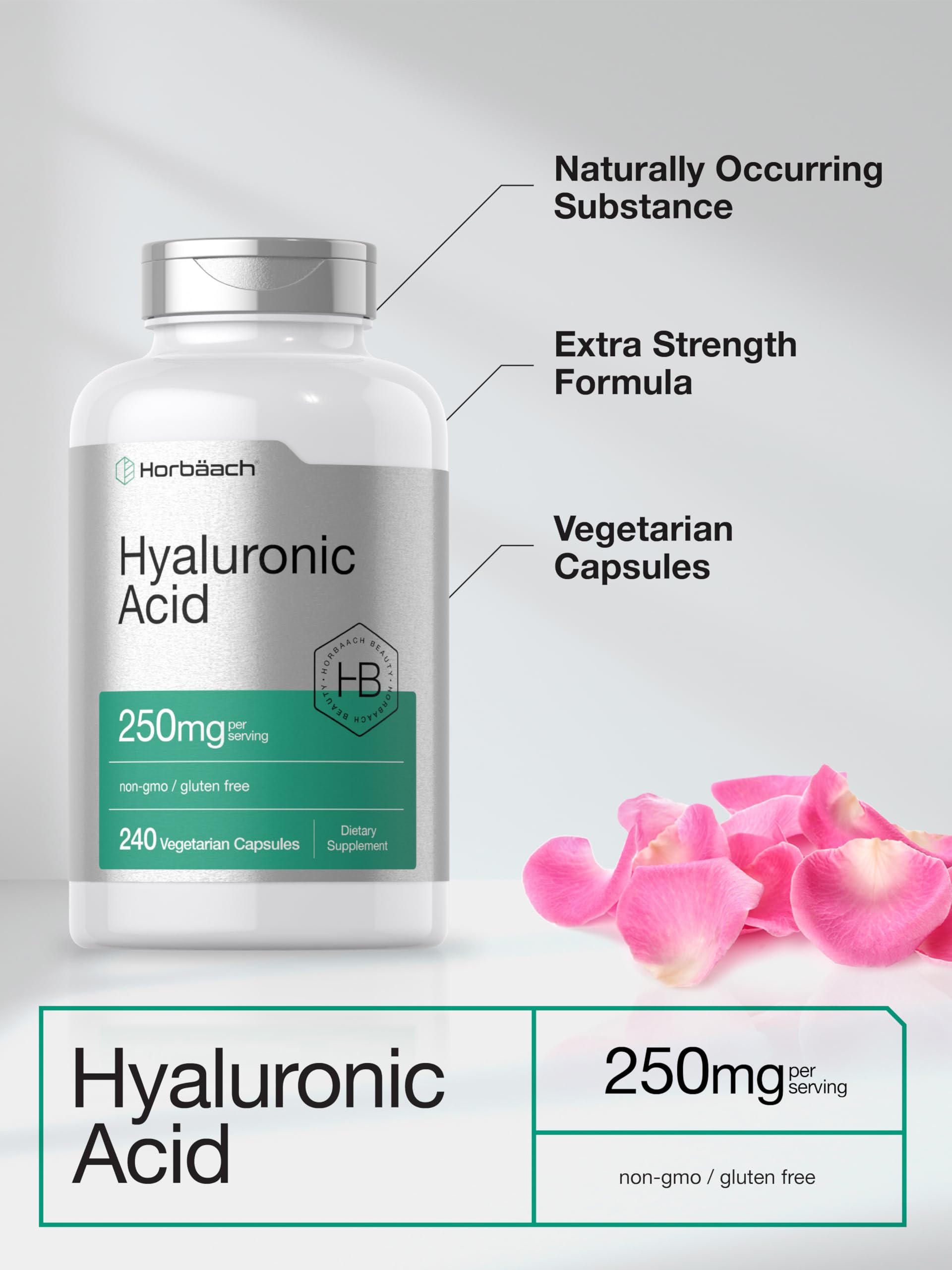Horbäach Hyaluronic Acid Capsules | 250 mg | 240 Count | Non-GMO and Gluten Free Supplement - Image 4