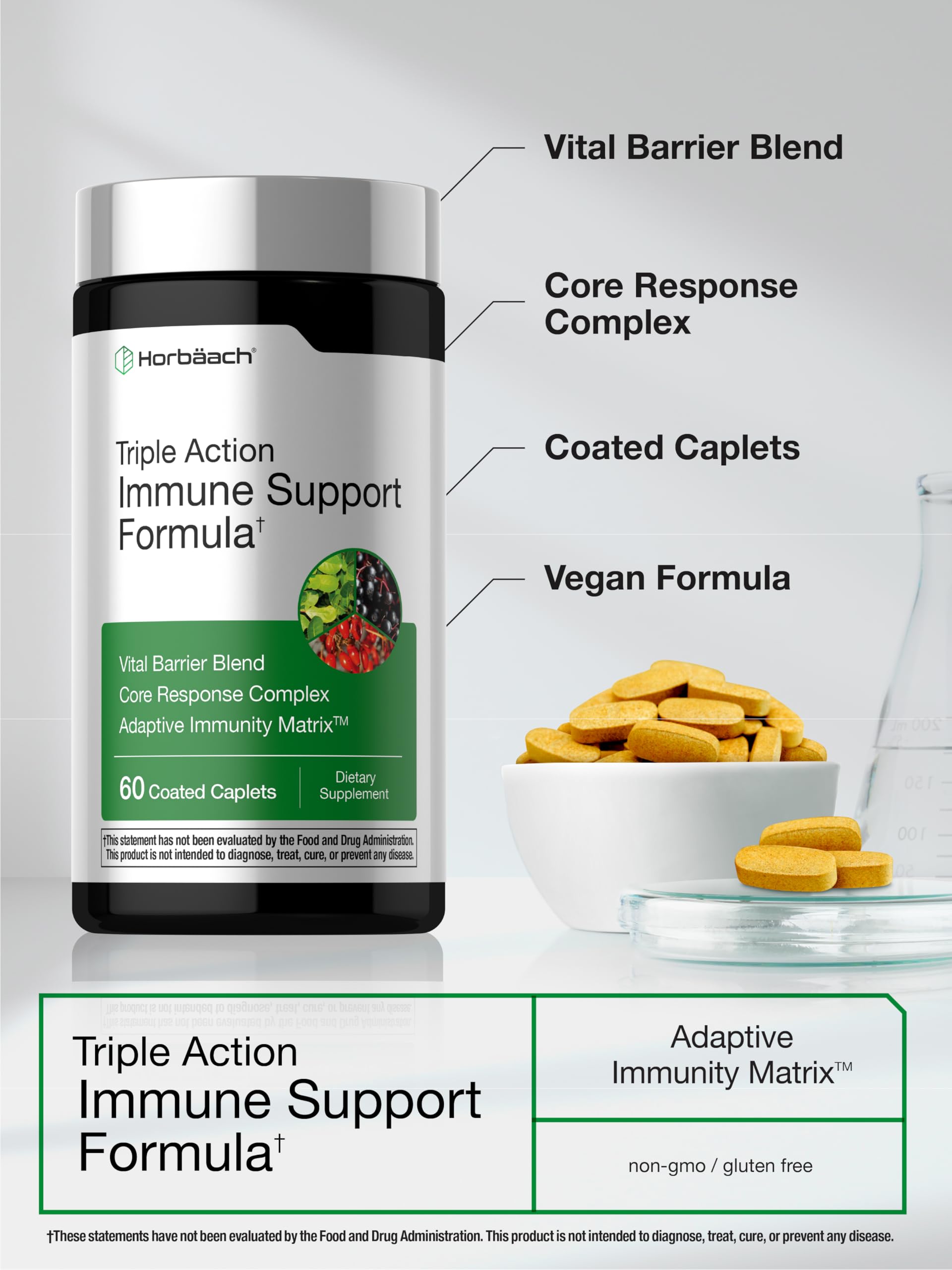Horbäach Immune Support Supplement | 60 Coated Caplets | with Vitamin C, Zinc & Elderberry | Triple Action | Adaptive Immunity Matrix | Vegan, Non-GMO, Gluten Free - Image 4