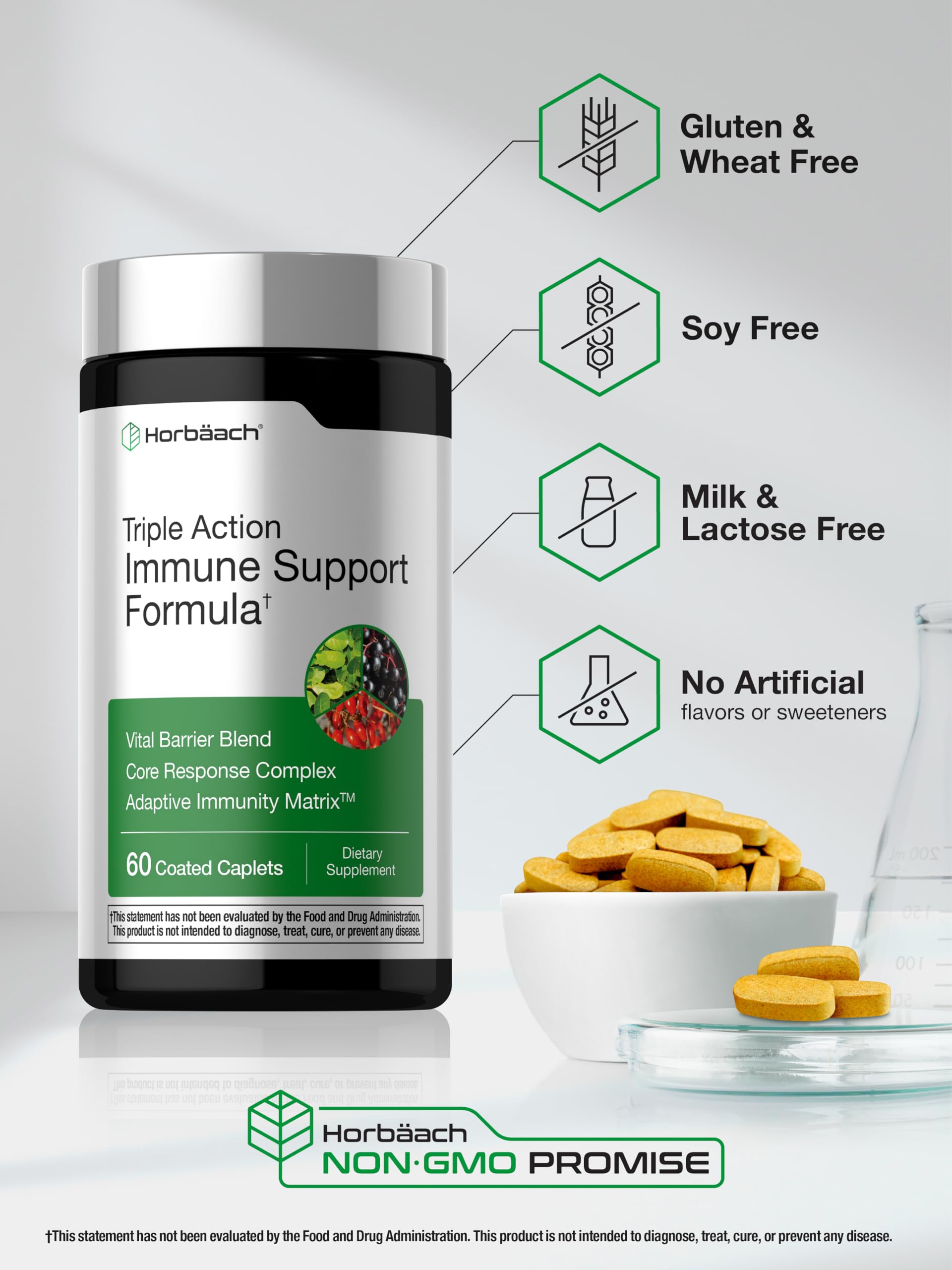 Horbäach Immune Support Supplement | 60 Coated Caplets | with Vitamin C, Zinc & Elderberry | Triple Action | Adaptive Immunity Matrix | Vegan, Non-GMO, Gluten Free - Image 5