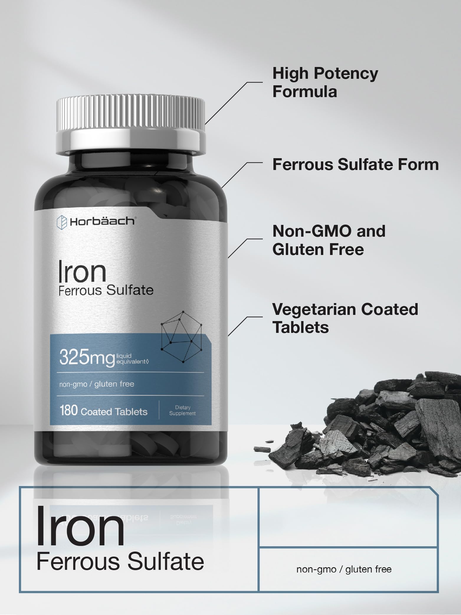 Horbäach Iron Ferrous Sulfate | 180 Count | Vegetarian, Non-GMO & Gluten Free Dietary Supplement - Image 3