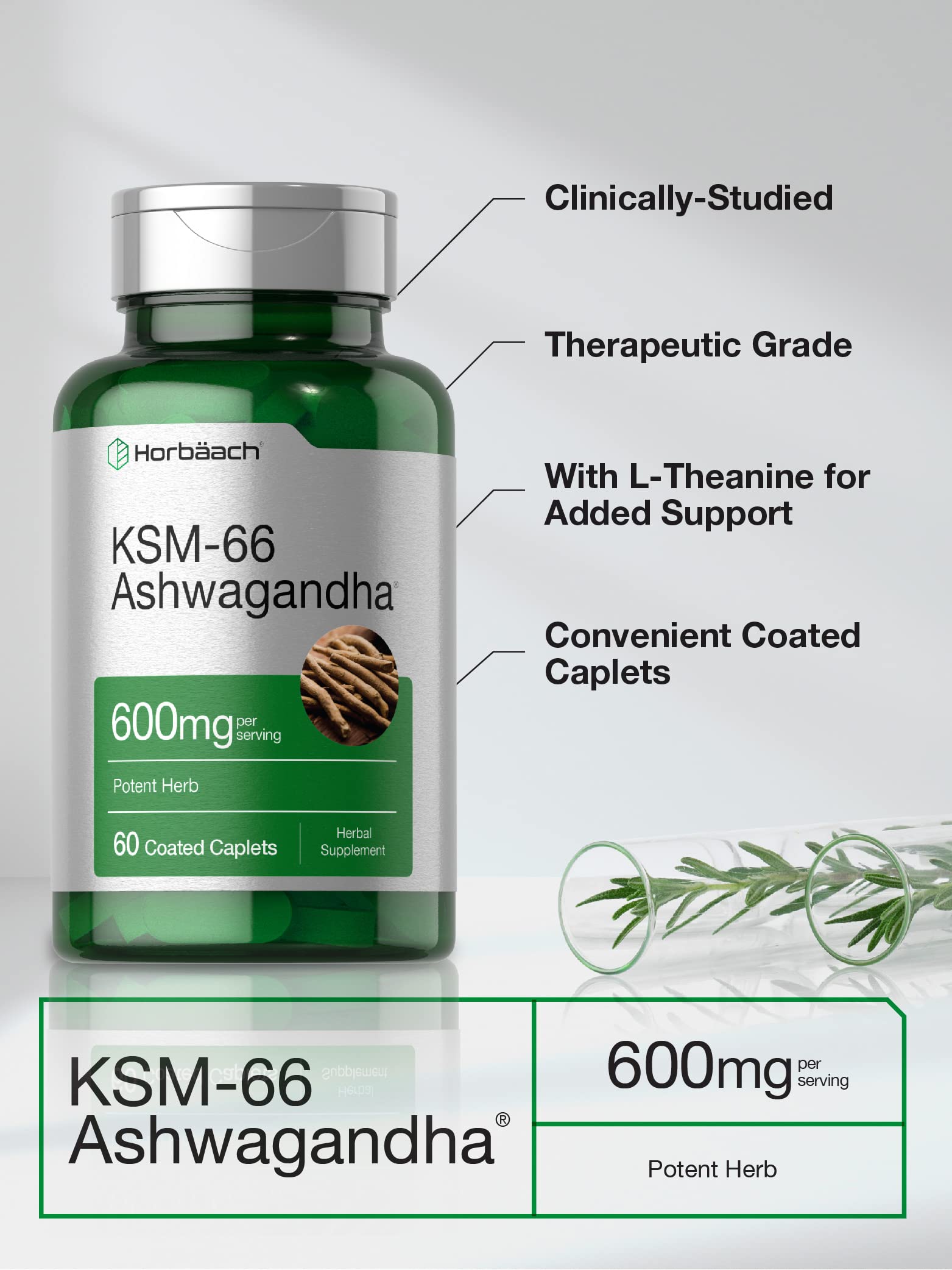 Horbäach KSM-66 Ashwagandha | with L-Theanine | 60 Coated Caplets | Vegan, Non-GMO, Gluten Free Complex Supplement - Image 3