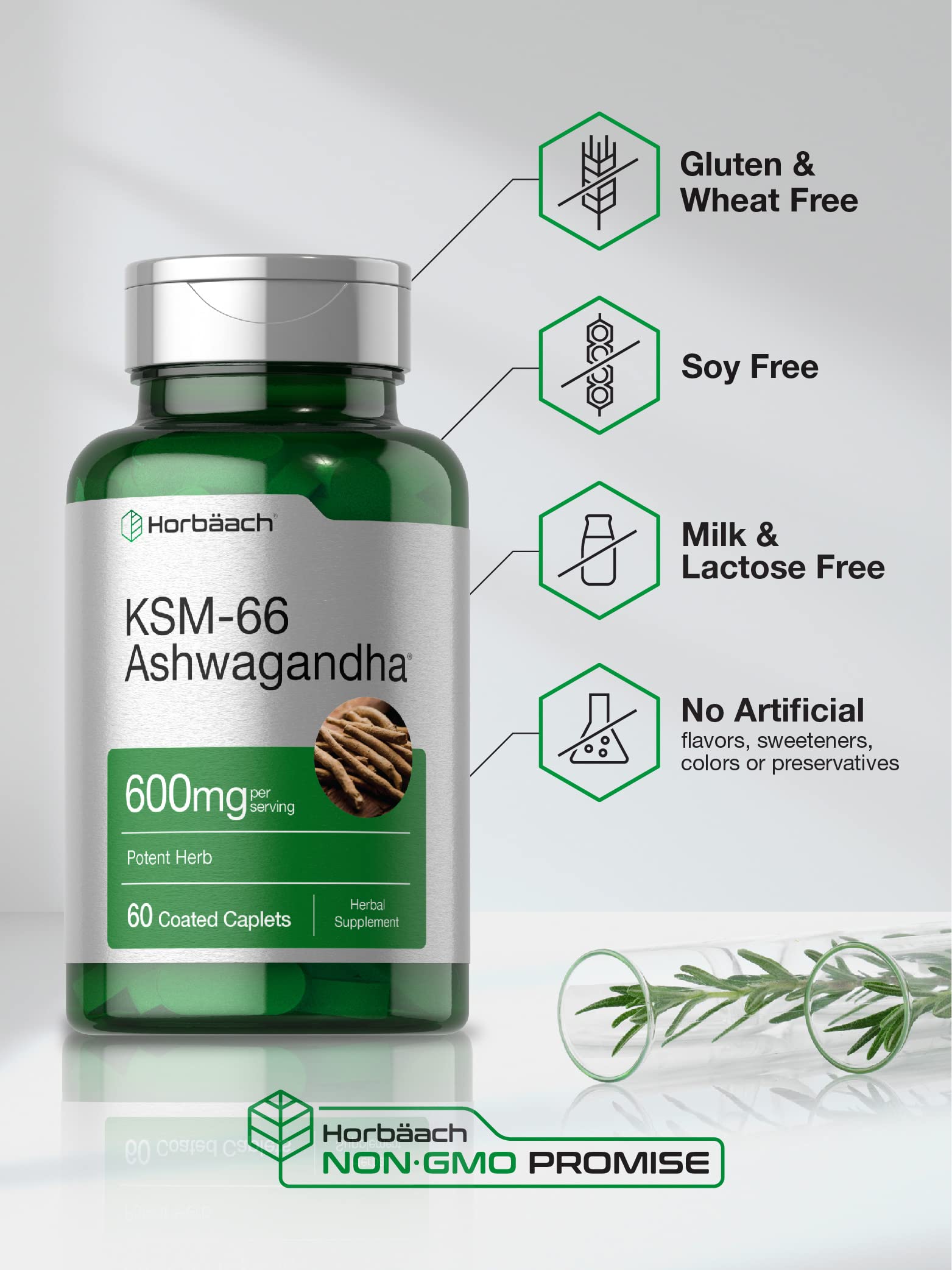 Horbäach KSM-66 Ashwagandha | with L-Theanine | 60 Coated Caplets | Vegan, Non-GMO, Gluten Free Complex Supplement - Image 4