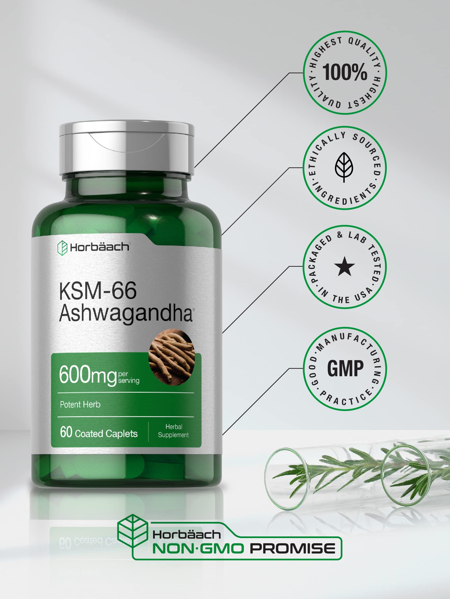 Horbäach KSM-66 Ashwagandha | with L-Theanine | 60 Coated Caplets | Vegan, Non-GMO, Gluten Free Complex Supplement - Image 5