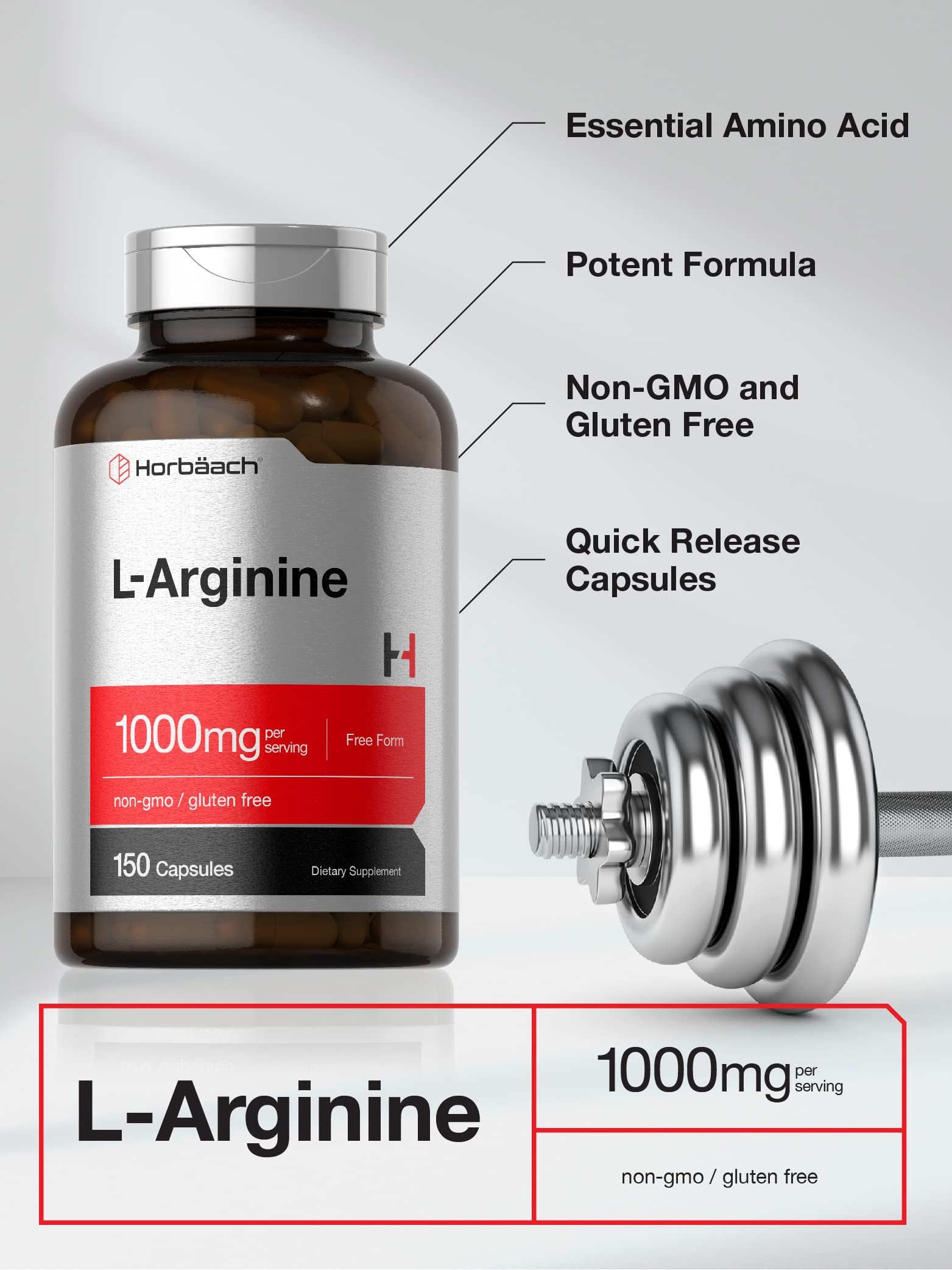 Horbäach L-Arginine 1000mg | 150 Capsules | Free Form Dietary Supplement | Non-GMO & Gluten Free - Image 3