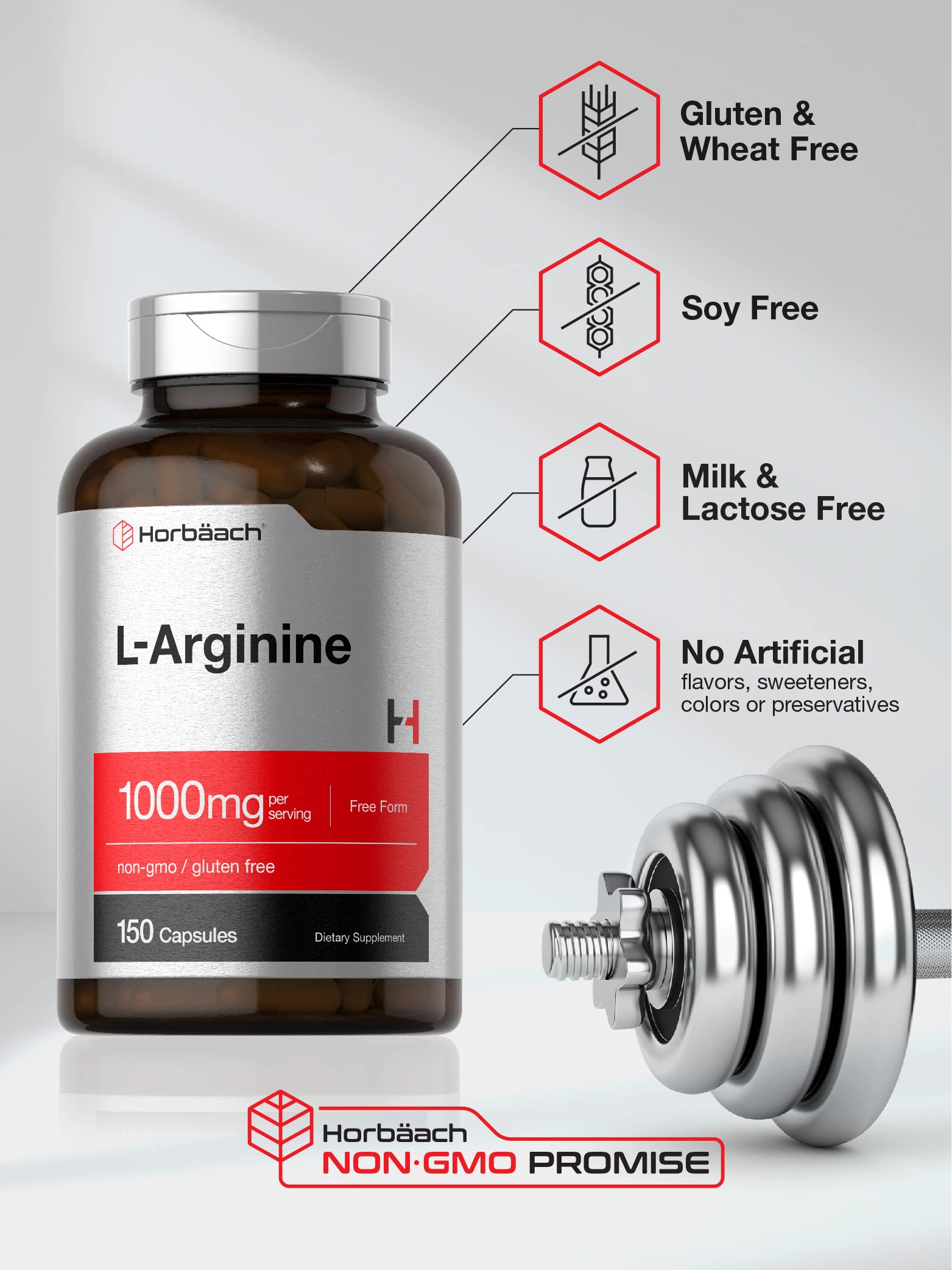 Horbäach L-Arginine 1000mg | 150 Capsules | Free Form Dietary Supplement | Non-GMO & Gluten Free - Image 4