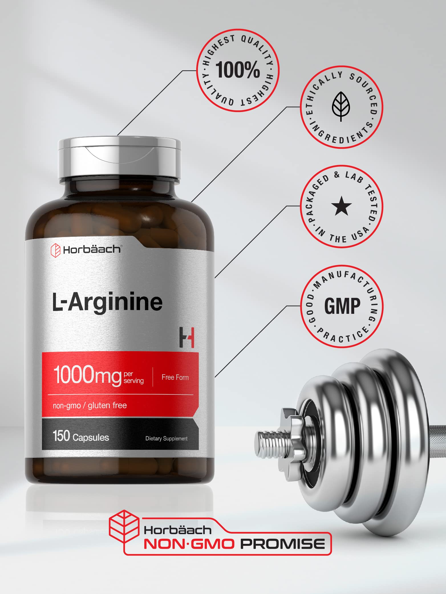 Horbäach L-Arginine 1000mg | 150 Capsules | Free Form Dietary Supplement | Non-GMO & Gluten Free - Image 5