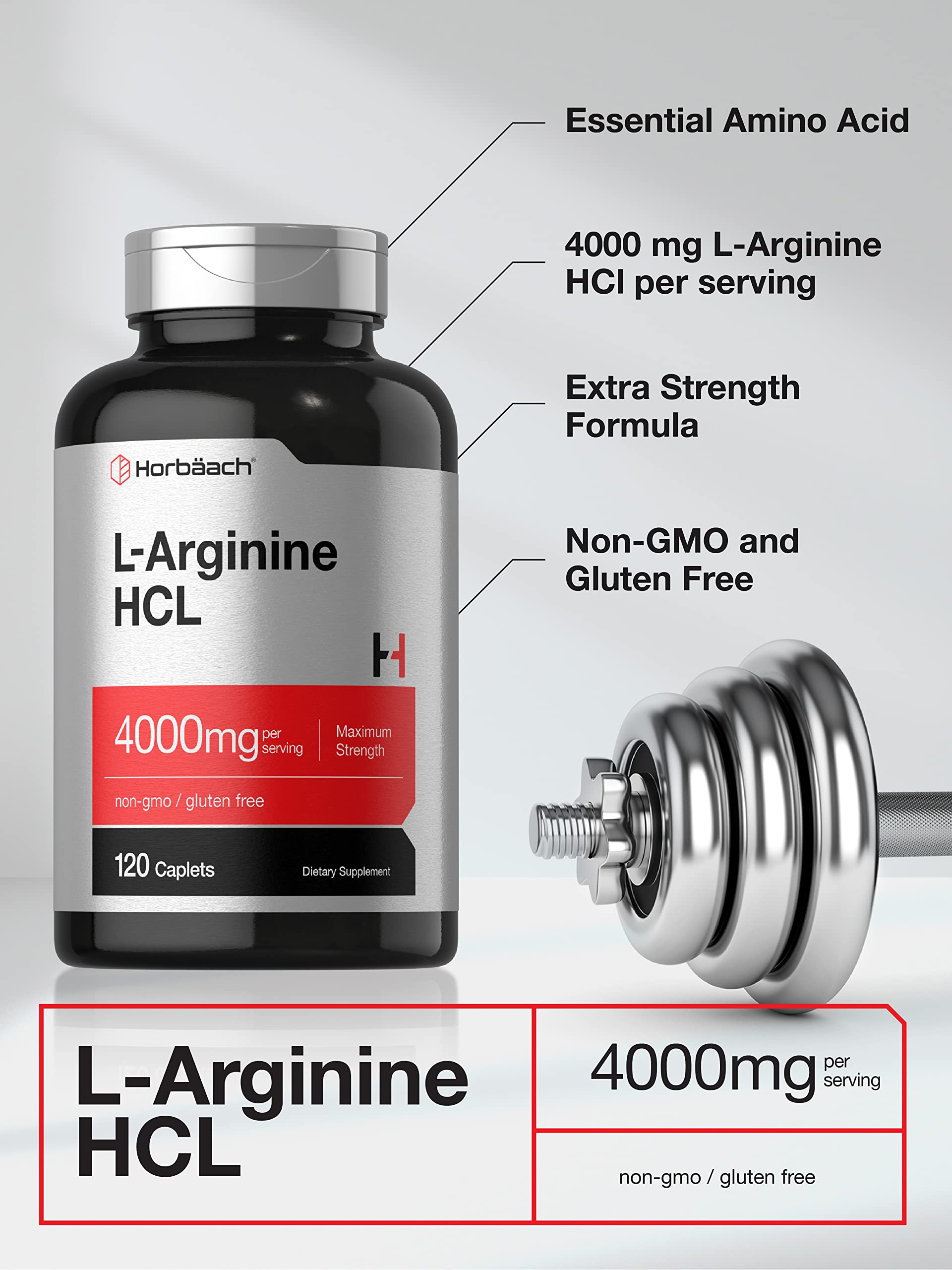 Horbäach L-Arginine 4000mg| 120 Caplets | for Men and Women | Maximum Strength Nitric Oxide Precursor | Vegetarian, Non-GMO, Gluten Free Supplement - Image 3