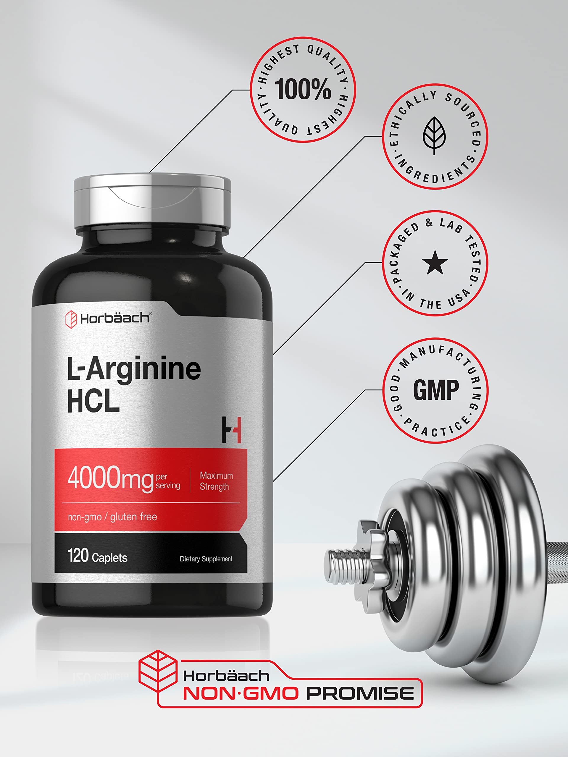 Horbäach L-Arginine 4000mg| 120 Caplets | for Men and Women | Maximum Strength Nitric Oxide Precursor | Vegetarian, Non-GMO, Gluten Free Supplement - Image 5