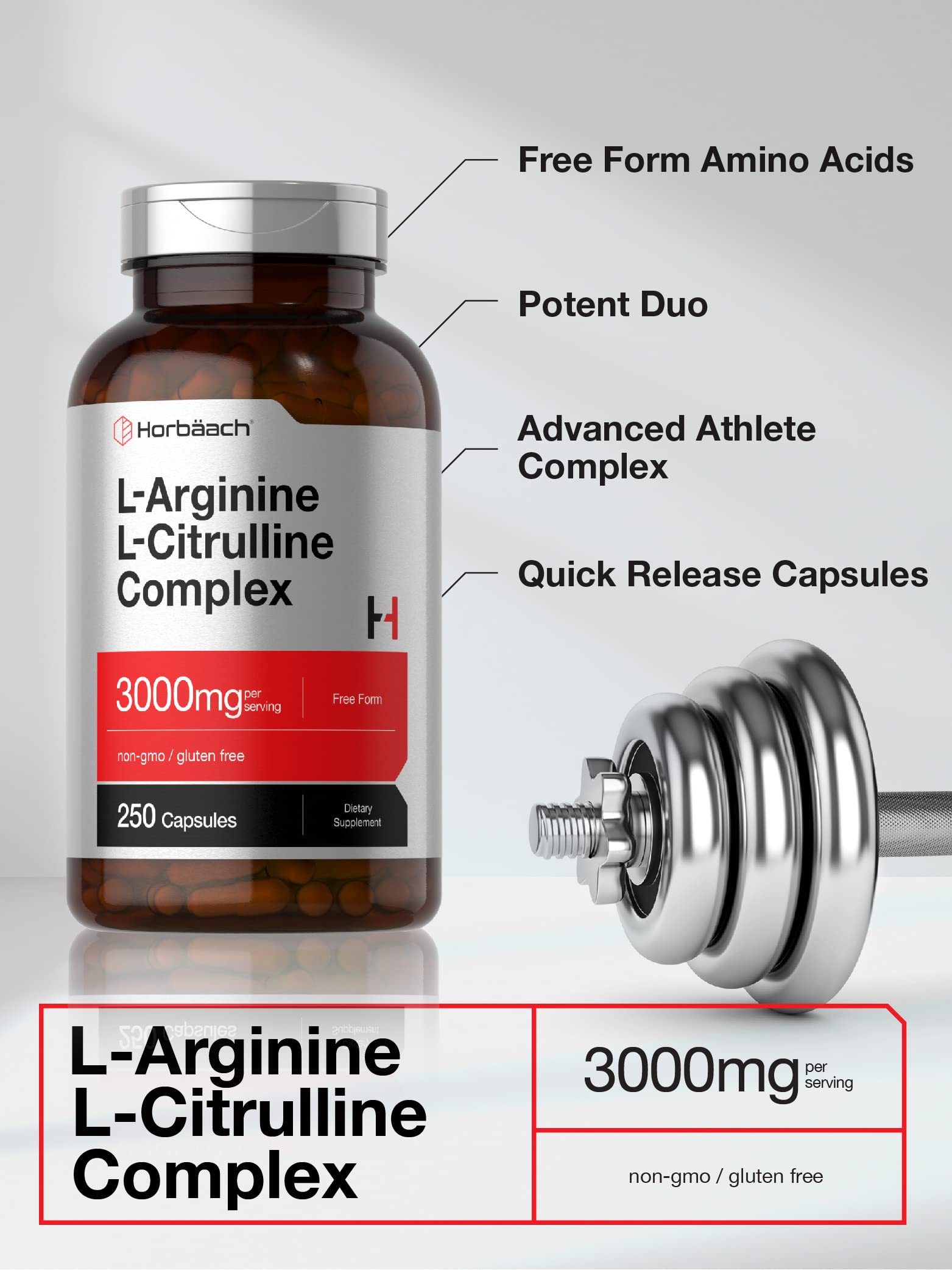Horbäach L-Arginine L-Citrulline Complex | 3000mg | 250 Capsules | Non-GMO, Gluten Free Supplement - Image 3