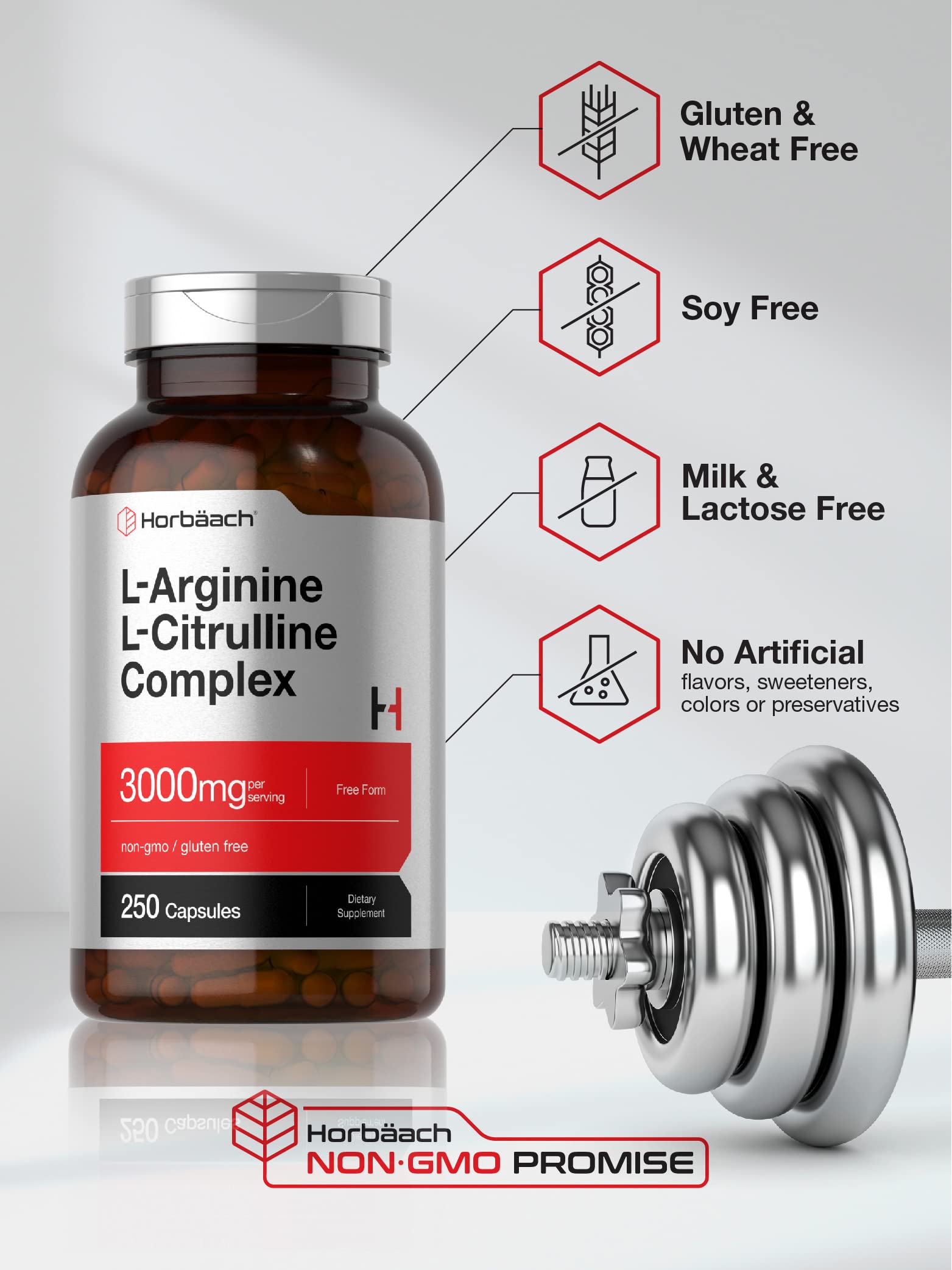 Horbäach L-Arginine L-Citrulline Complex | 3000mg | 250 Capsules | Non-GMO, Gluten Free Supplement - Image 4