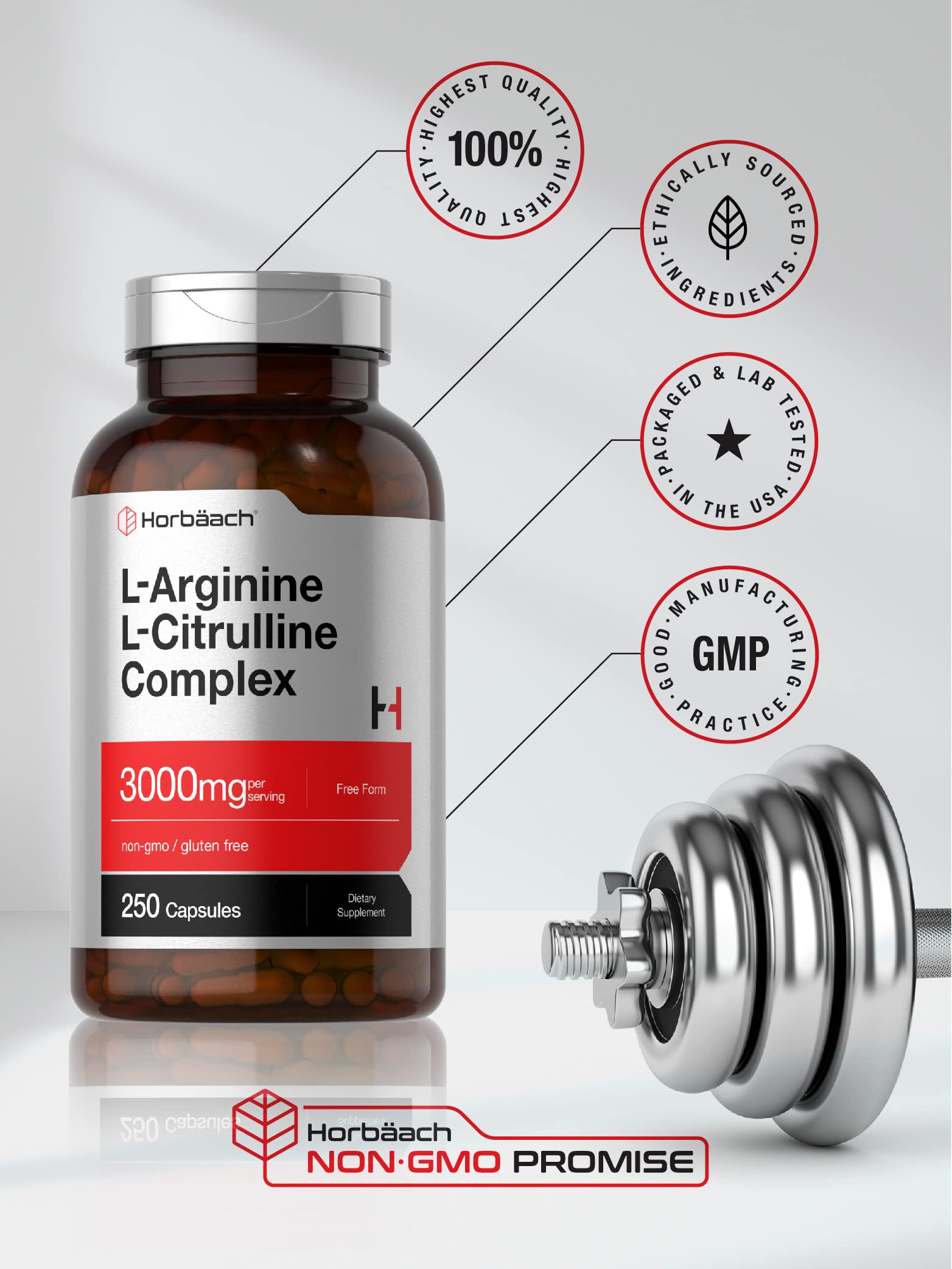 Horbäach L-Arginine L-Citrulline Complex | 3000mg | 250 Capsules | Non-GMO, Gluten Free Supplement - Image 5