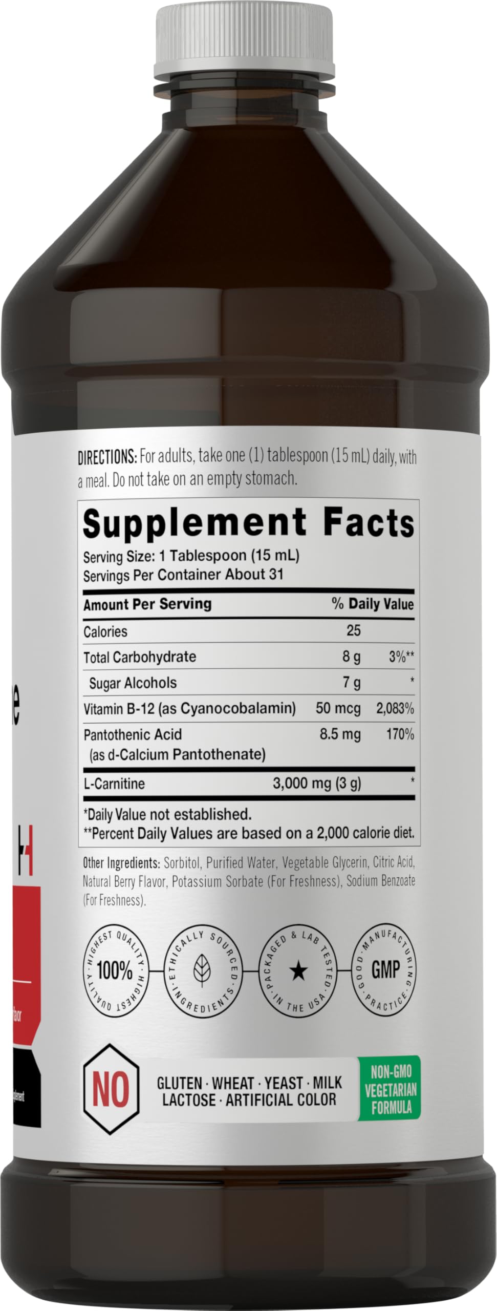 Horbäach L-Carnitine Liquid 16 oz | 3000 mg | Berry Flavor | Vegetarian Formula | Non-GMO, Gluten Free Supplement - Image 2