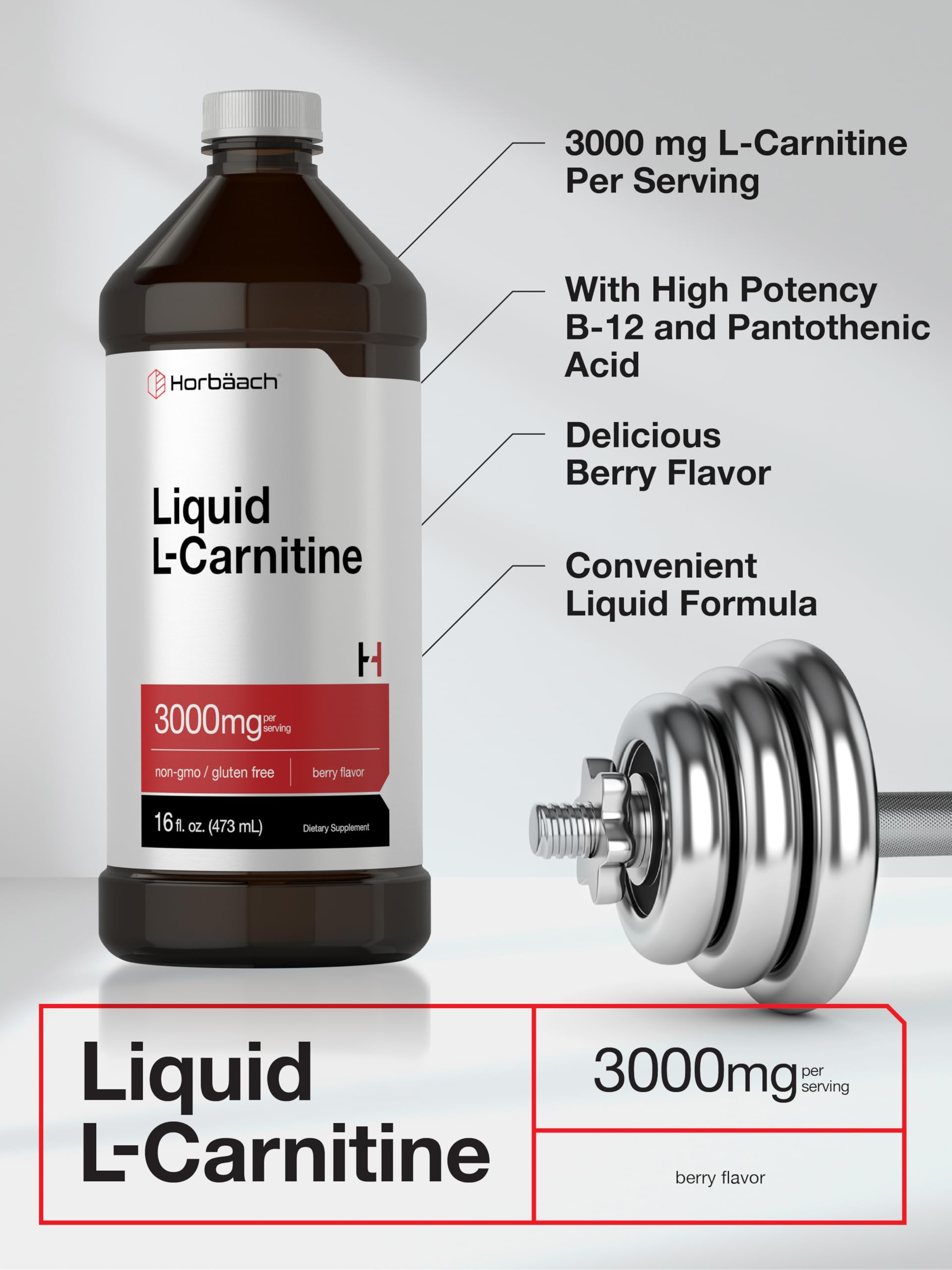 Horbäach L-Carnitine Liquid 16 oz | 3000 mg | Berry Flavor | Vegetarian Formula | Non-GMO, Gluten Free Supplement - Image 4