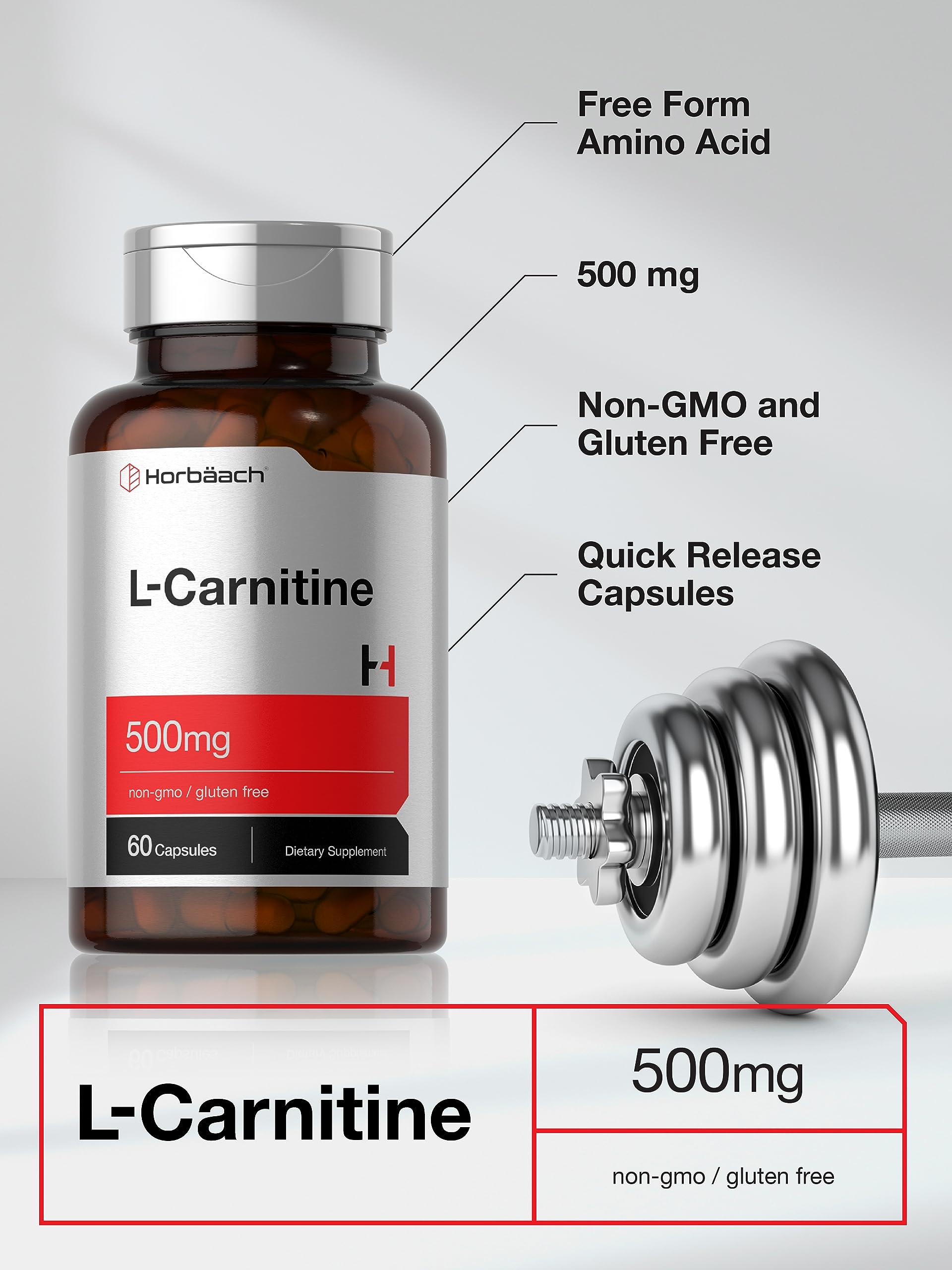 Horbäach L Carnitine Supplement 500mg | 60 Capsules | as L-Carnitine L-Tartrate | Non-GMO and Gluten Free - Image 3
