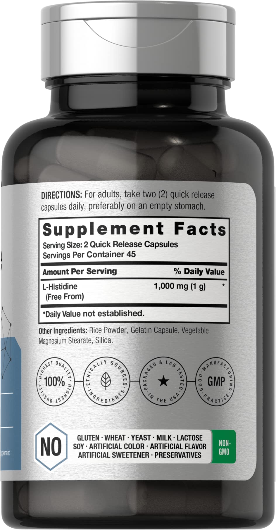 Horbäach L-Histidine 1000mg 90 Capsules | Non-GMO and Gluten Free | Pharmaceutical Grade - Image 2