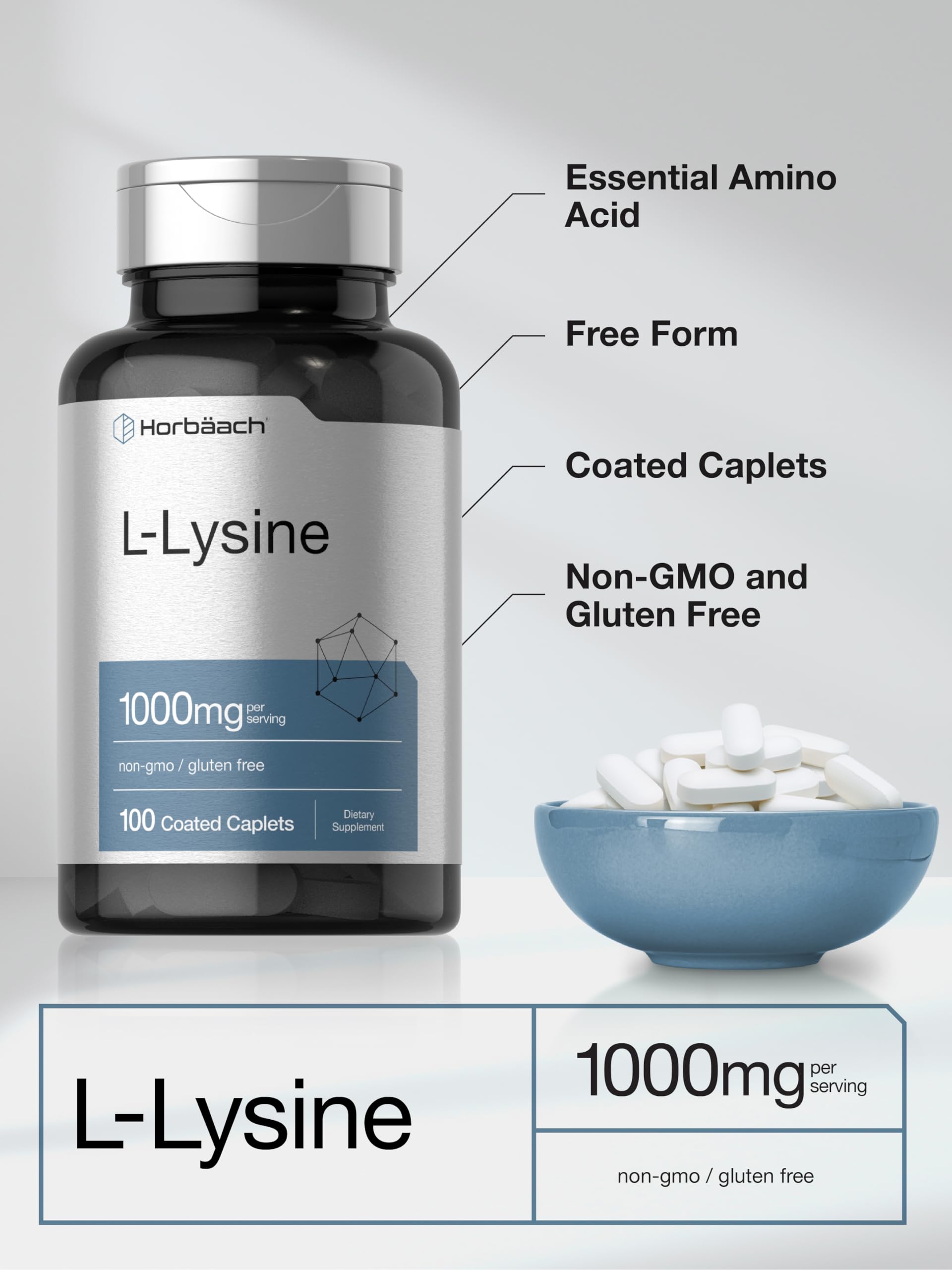 Horbäach L-Lysine 1000mg | 100 Coated Caplets | Free Form Dietary Supplement | Essential Amino Acid | Vegetarian, Non-GMO, and Gluten Free Formula - Image 4
