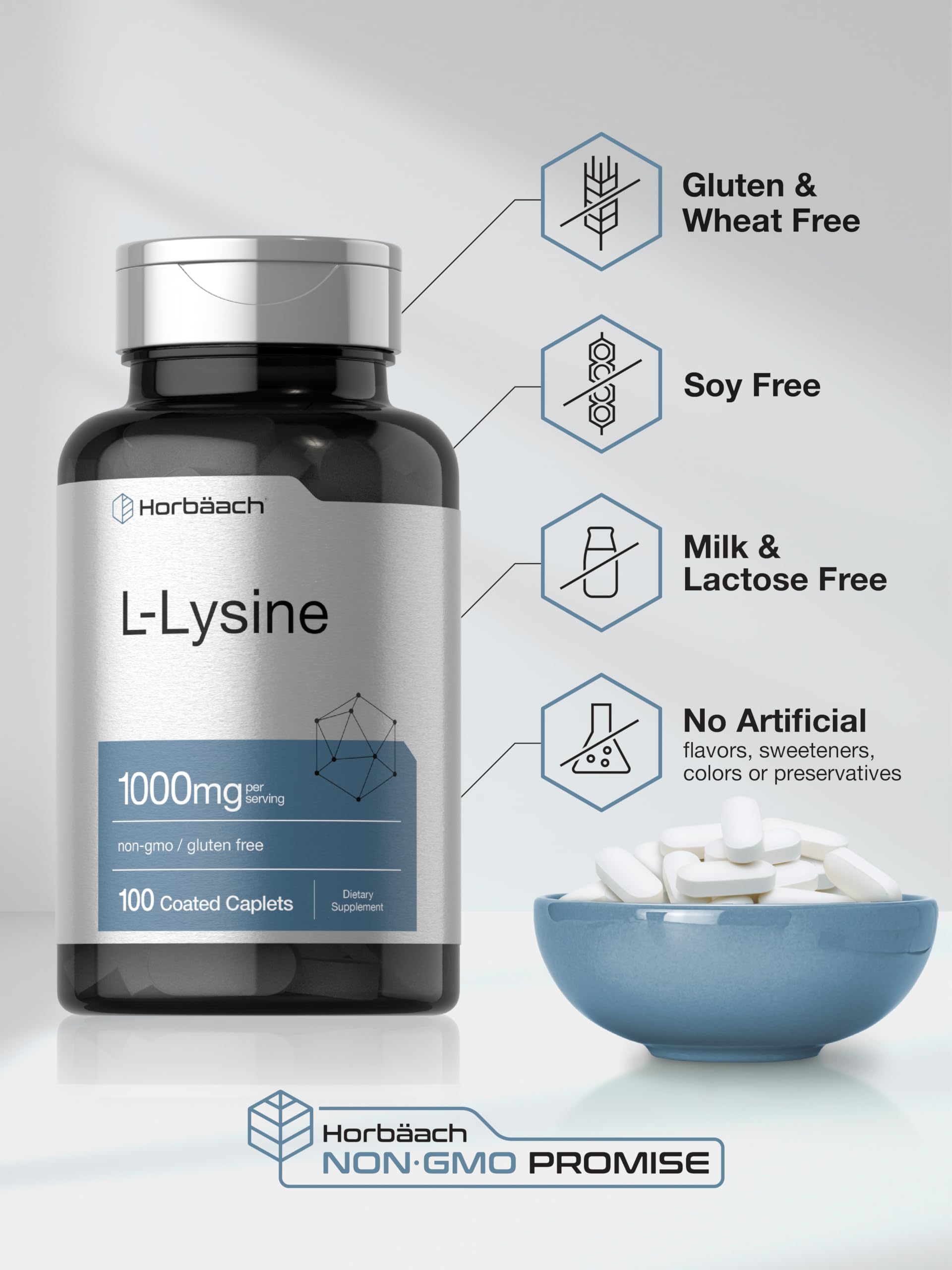 Horbäach L-Lysine 1000mg | 100 Coated Caplets | Free Form Dietary Supplement | Essential Amino Acid | Vegetarian, Non-GMO, and Gluten Free Formula - Image 5