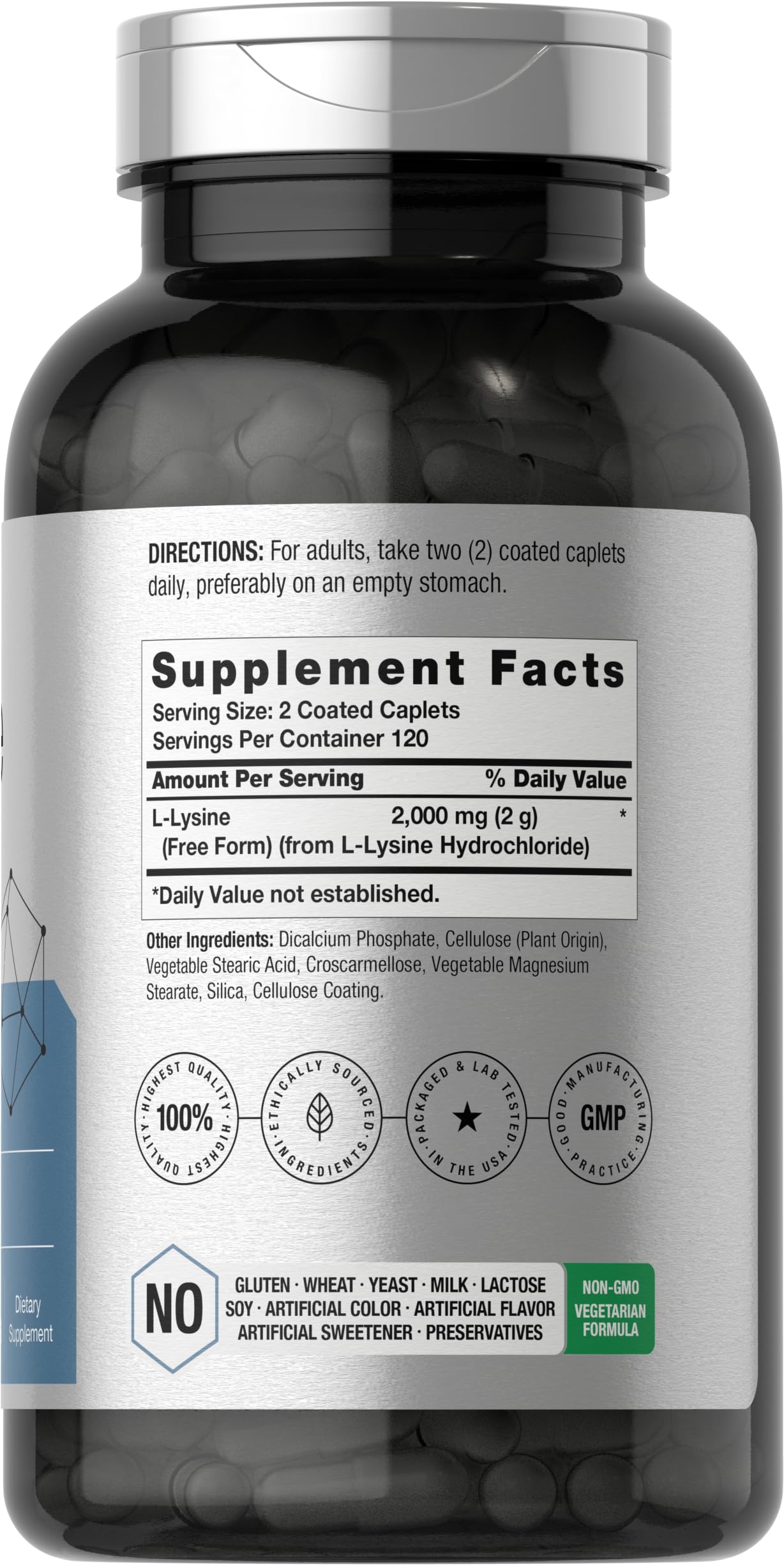Horbäach L-Lysine Supplement 2000mg | 240 Caplets | Free Form L-Lysine Hydrochloride | Vegetarian, Non-GMO, Gluten Free - Image 2