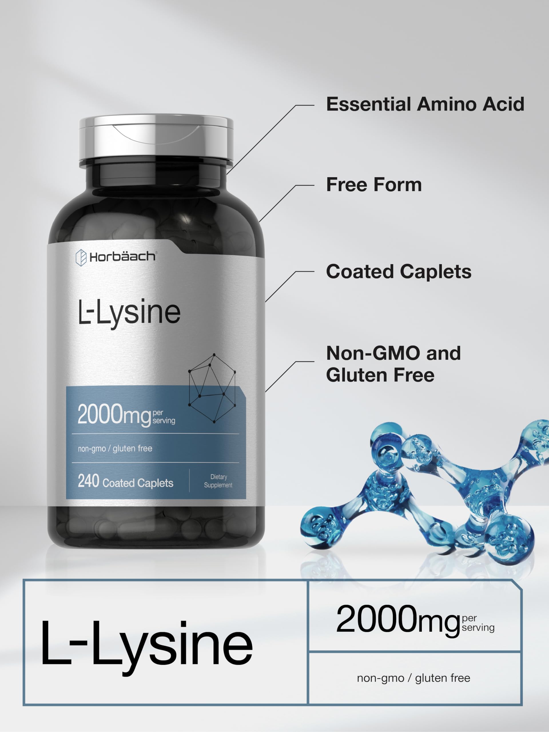 Horbäach L-Lysine Supplement 2000mg | 240 Caplets | Free Form L-Lysine Hydrochloride | Vegetarian, Non-GMO, Gluten Free - Image 4