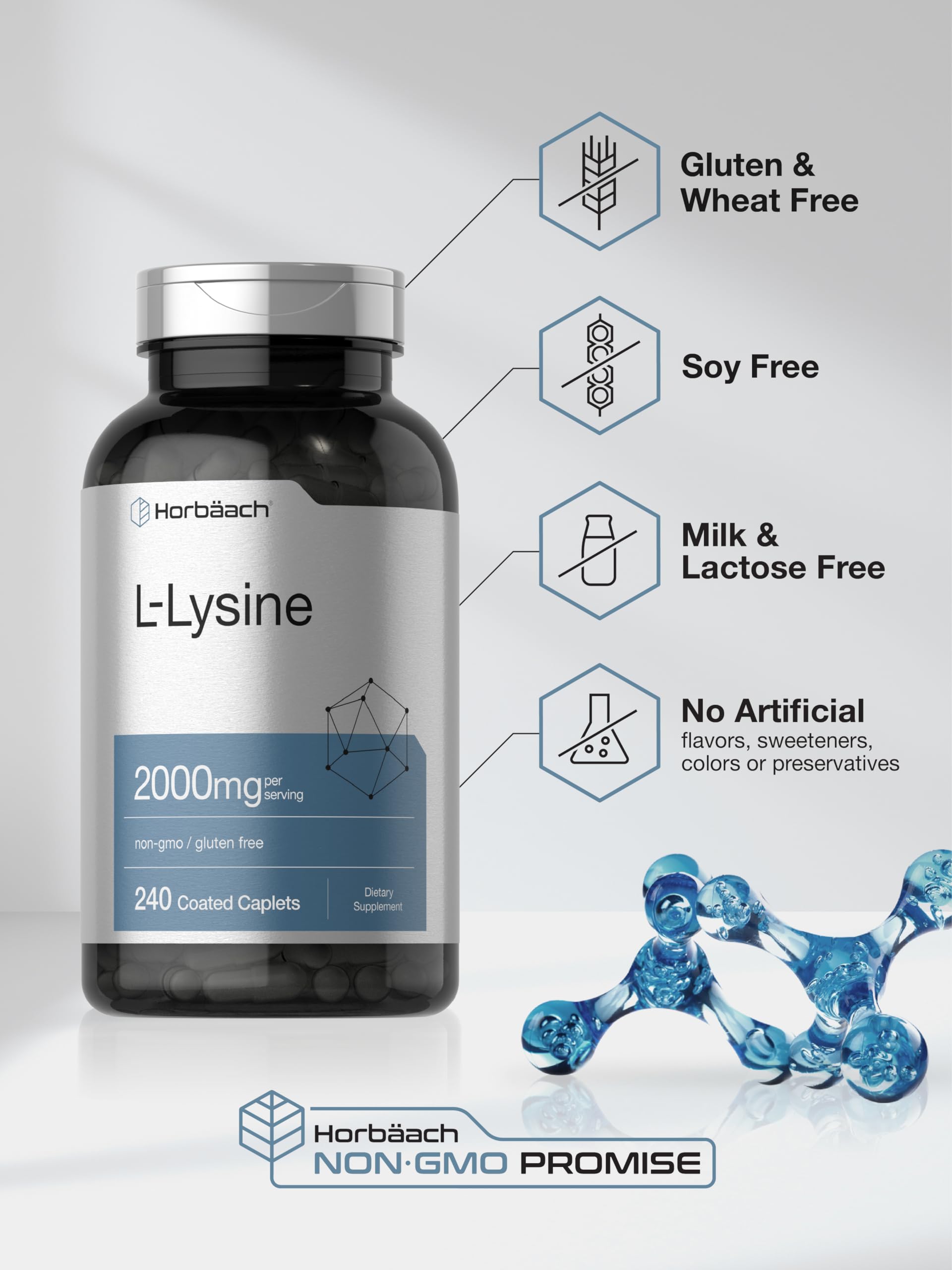 Horbäach L-Lysine Supplement 2000mg | 240 Caplets | Free Form L-Lysine Hydrochloride | Vegetarian, Non-GMO, Gluten Free - Image 5