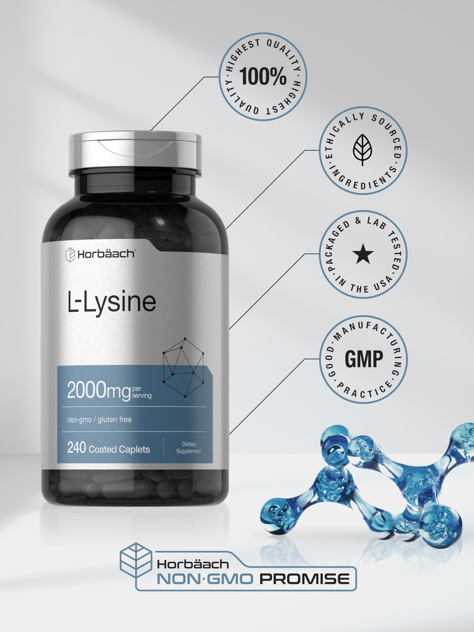Horbäach L-Lysine Supplement 2000mg | 240 Caplets | Free Form L-Lysine Hydrochloride | Vegetarian, Non-GMO, Gluten Free - Image 6