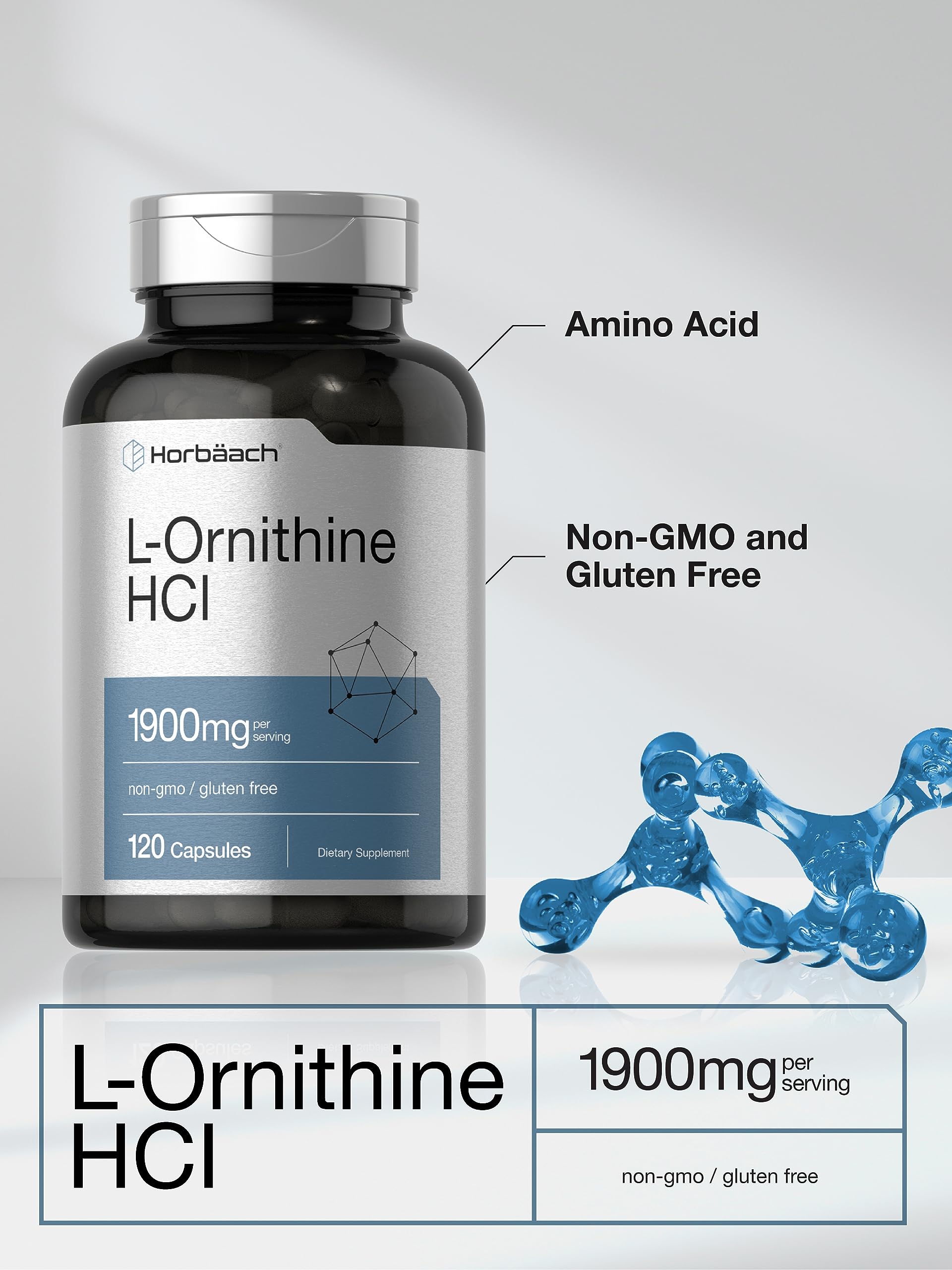 Horbäach L Ornithine HCl | 1900mg | 120 Capsules | Supplement for Men and Women | Non-GMO & Gluten Free - Image 3
