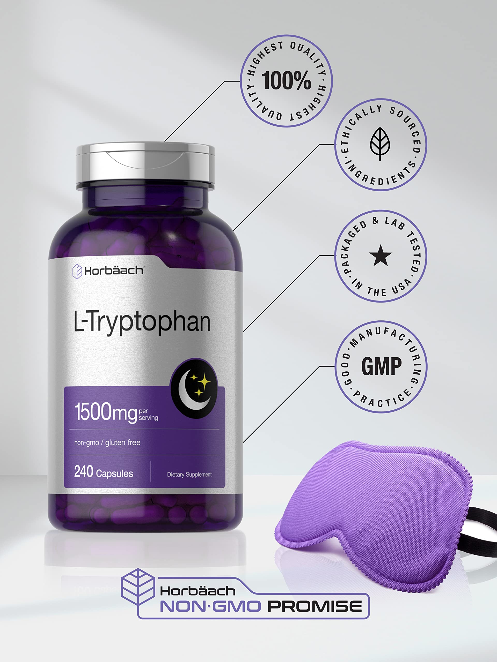 Horbäach L Tryptophan 1500mg Capsules | 240 Count | Nighttime Formula | Non-GMO, Gluten Free Supplement - Image 5