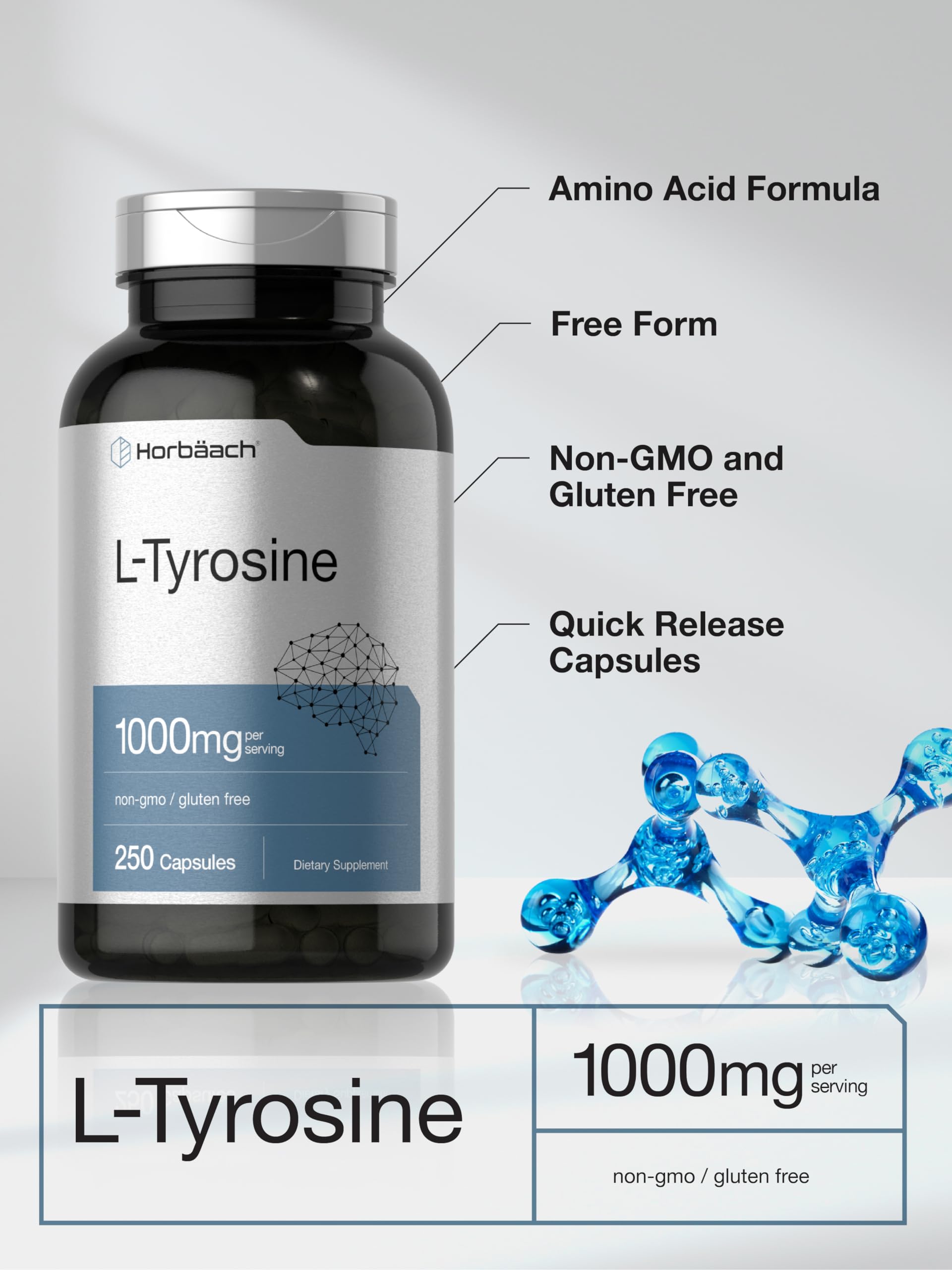 Horbäach L-Tyrosine Supplement | 1000mg | 250 Capsules | Non-GMO and Gluten Free Formula - Image 4