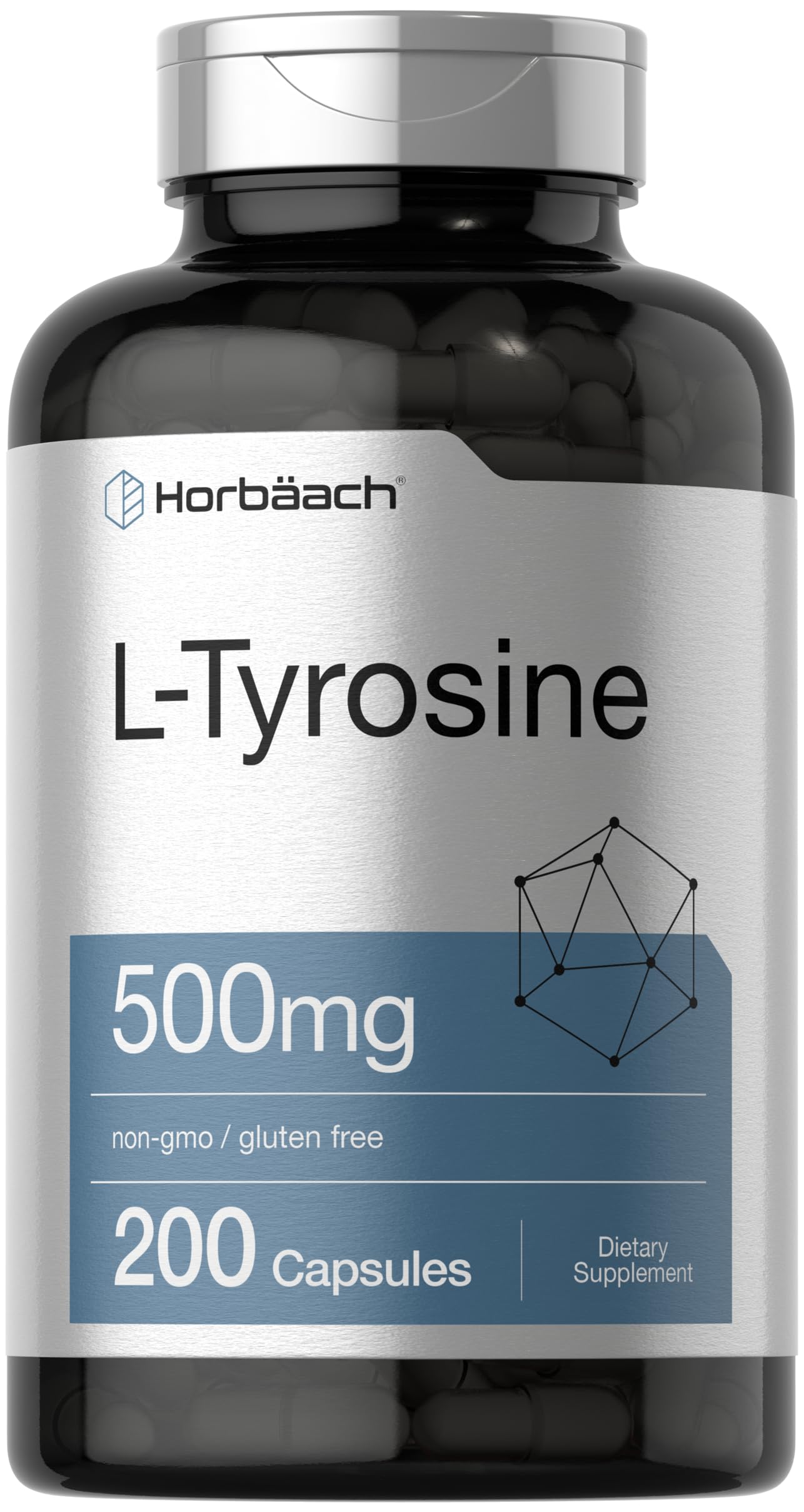 Horbäach L Tyrosine Supplement | 500mg | 200 Capsules | Free Form | Non GMO, Gluten Free Supplement