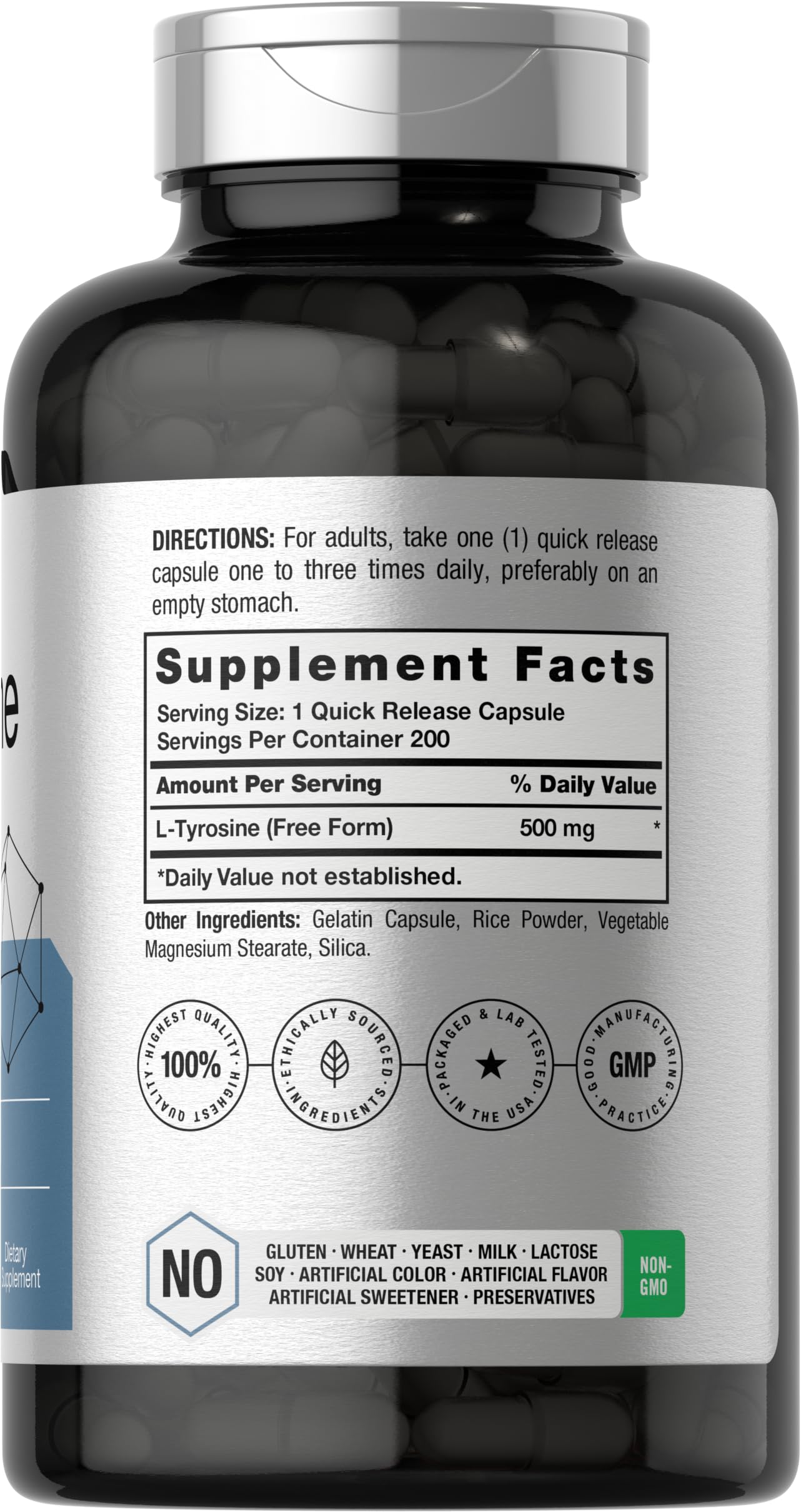 Horbäach L Tyrosine Supplement | 500mg | 200 Capsules | Free Form | Non GMO, Gluten Free Supplement - Image 2