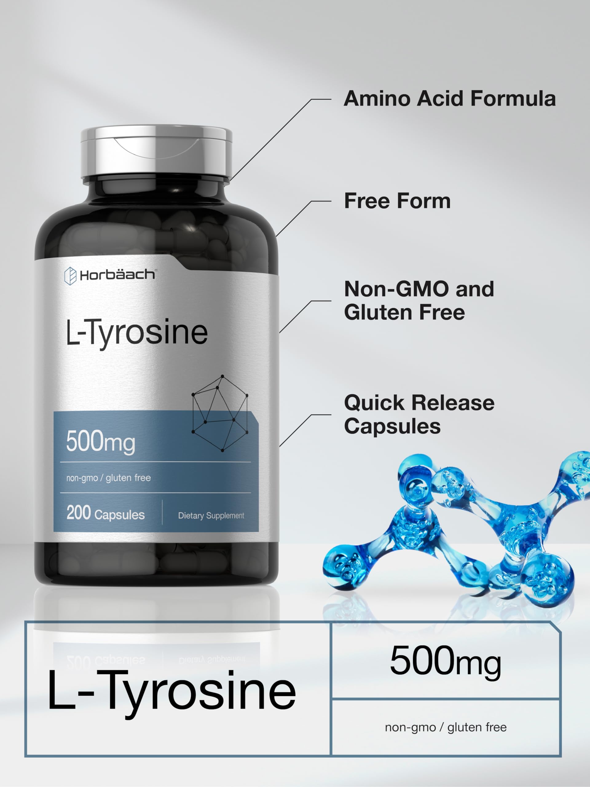Horbäach L Tyrosine Supplement | 500mg | 200 Capsules | Free Form | Non GMO, Gluten Free Supplement - Image 4