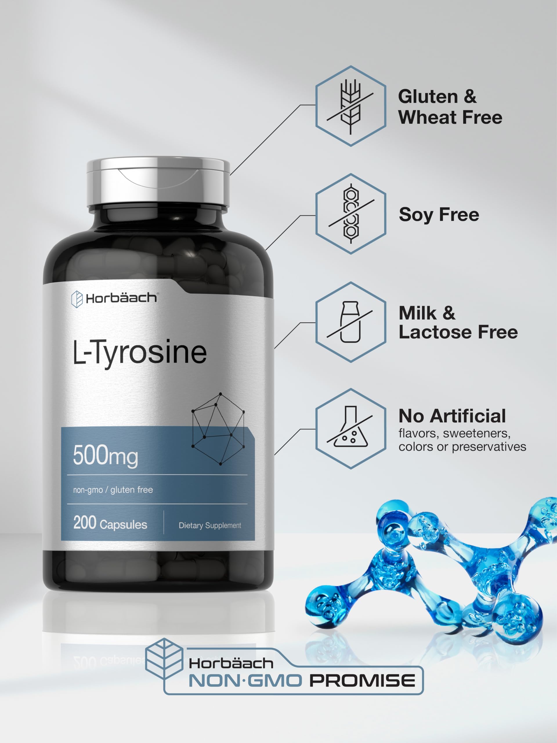 Horbäach L Tyrosine Supplement | 500mg | 200 Capsules | Free Form | Non GMO, Gluten Free Supplement - Image 5