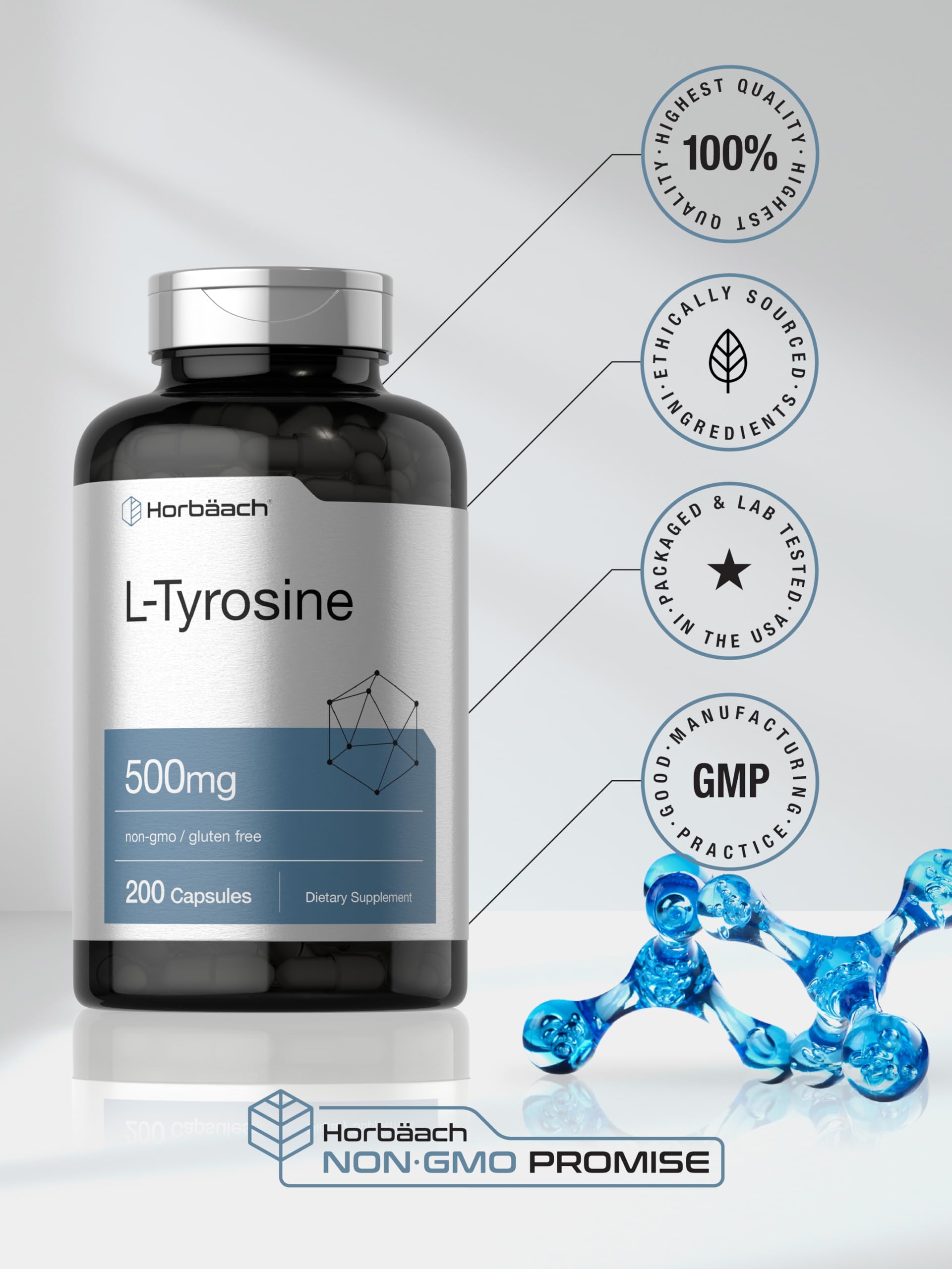 Horbäach L Tyrosine Supplement | 500mg | 200 Capsules | Free Form | Non GMO, Gluten Free Supplement - Image 6