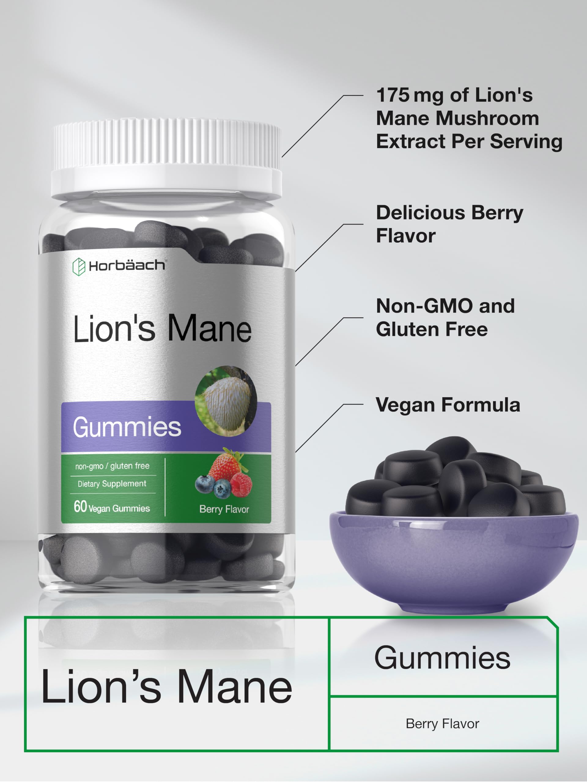Horbäach Lion's Mane Supplement | 60 Vegan Gummies for Adults | Non-GMO and Gluten Free - Image 4