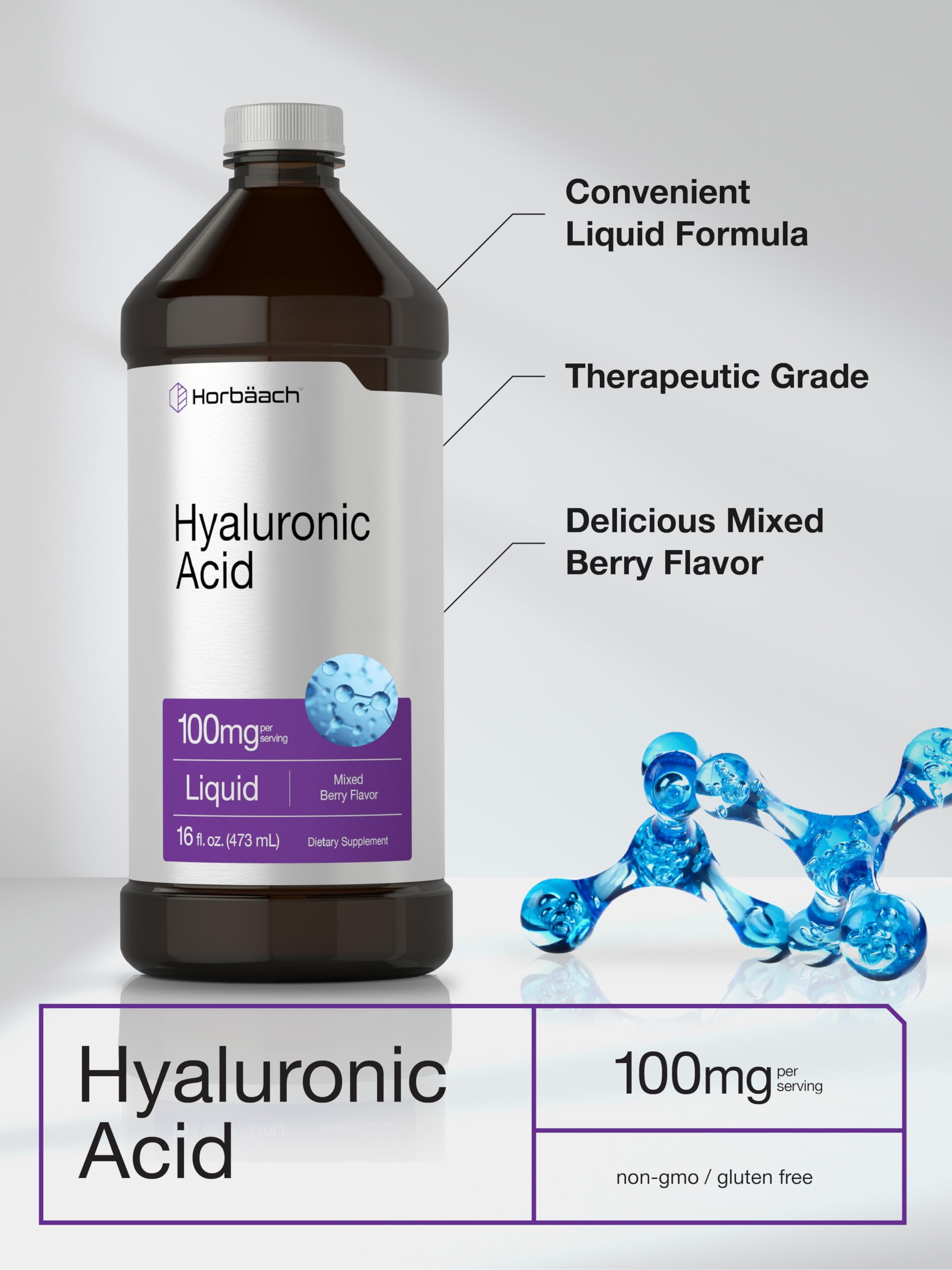 Horbäach Liquid Hyaluronic Acid Supplement | 100 mg | 16 oz | Mixed Berry Flavor | Non-GMO and Gluten Free Formula - Image 4