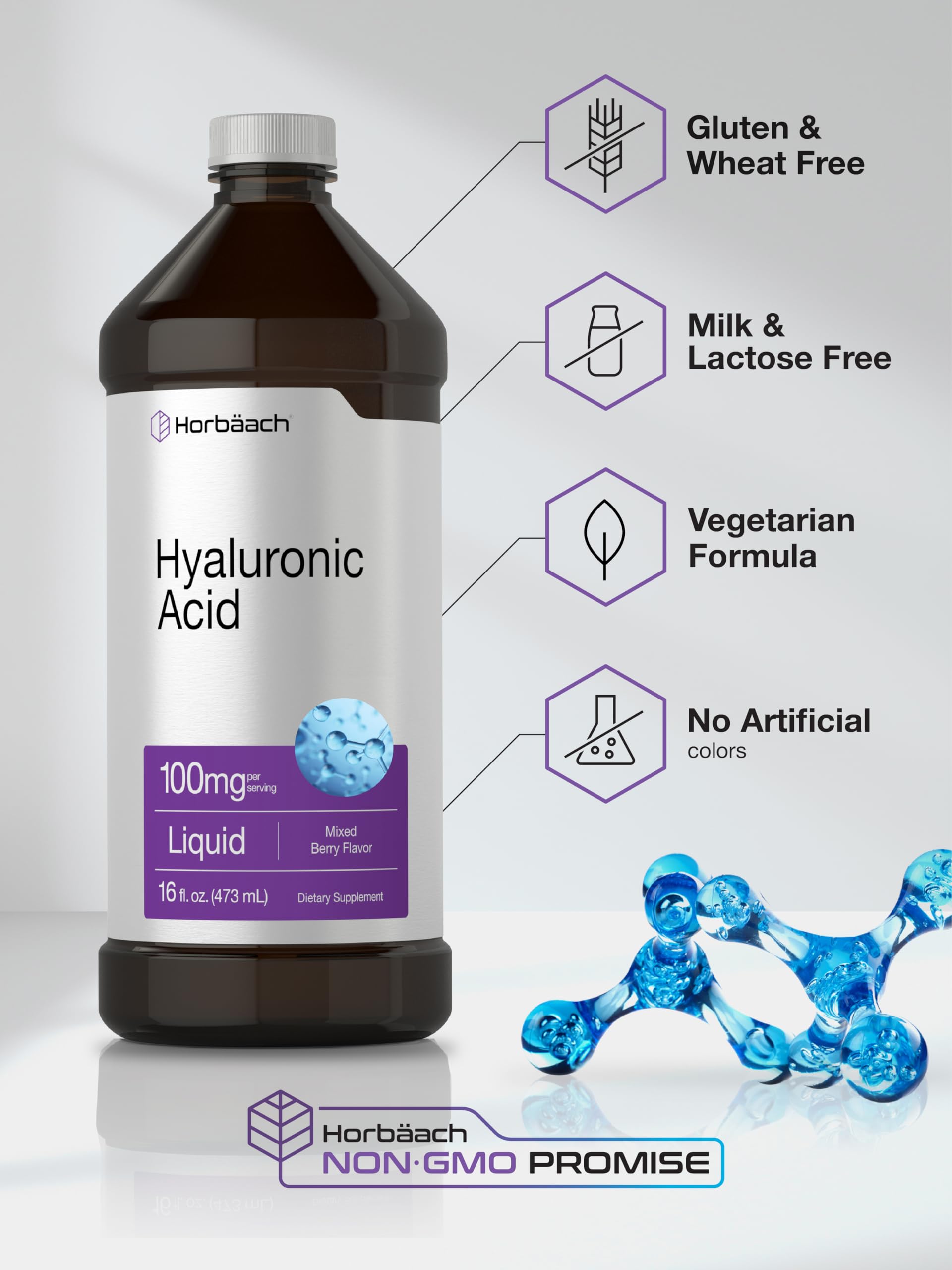 Horbäach Liquid Hyaluronic Acid Supplement | 100 mg | 16 oz | Mixed Berry Flavor | Non-GMO and Gluten Free Formula - Image 5