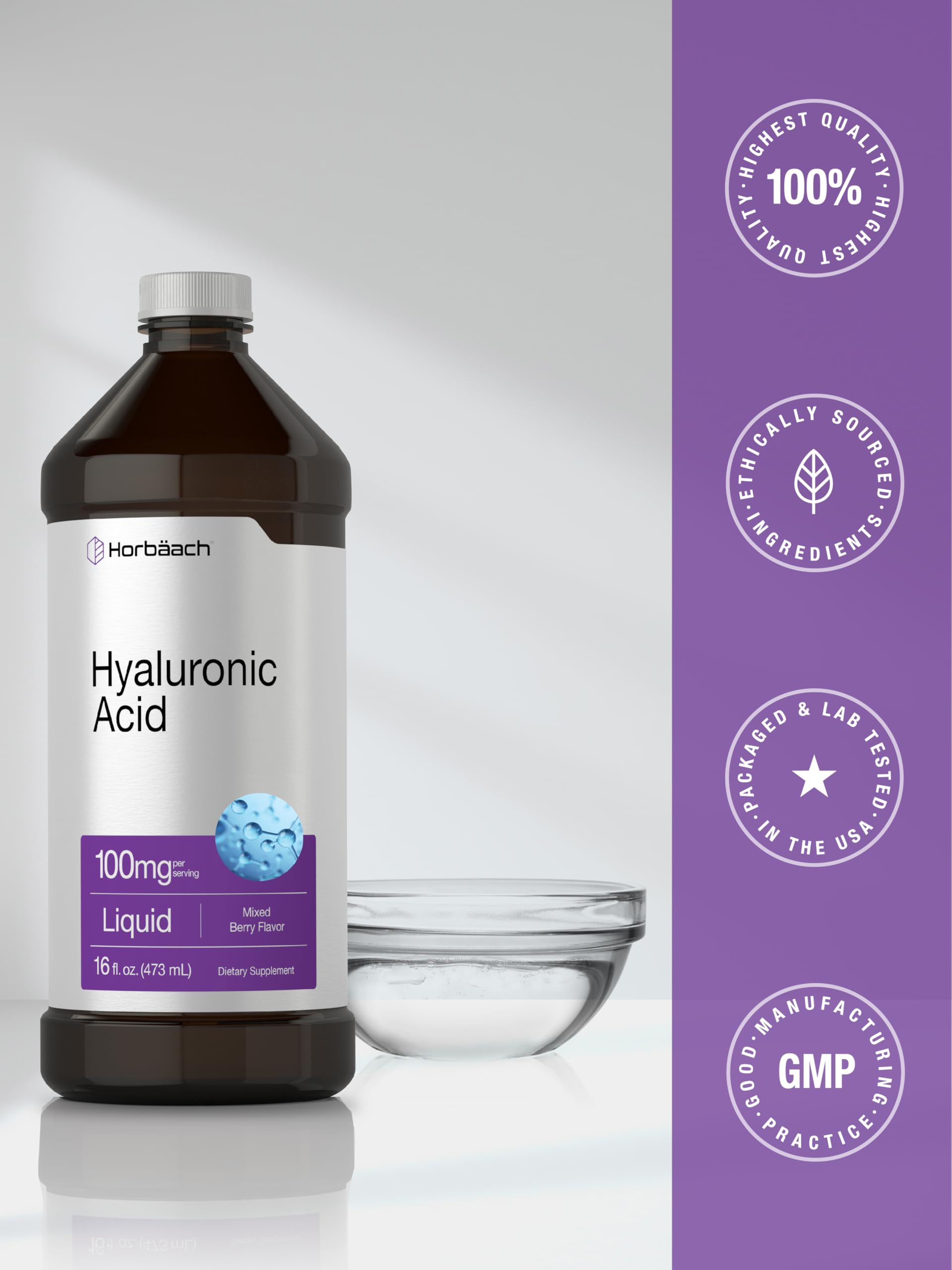 Horbäach Liquid Hyaluronic Acid Supplement | 100 mg | 16 oz | Mixed Berry Flavor | Non-GMO and Gluten Free Formula - Image 7