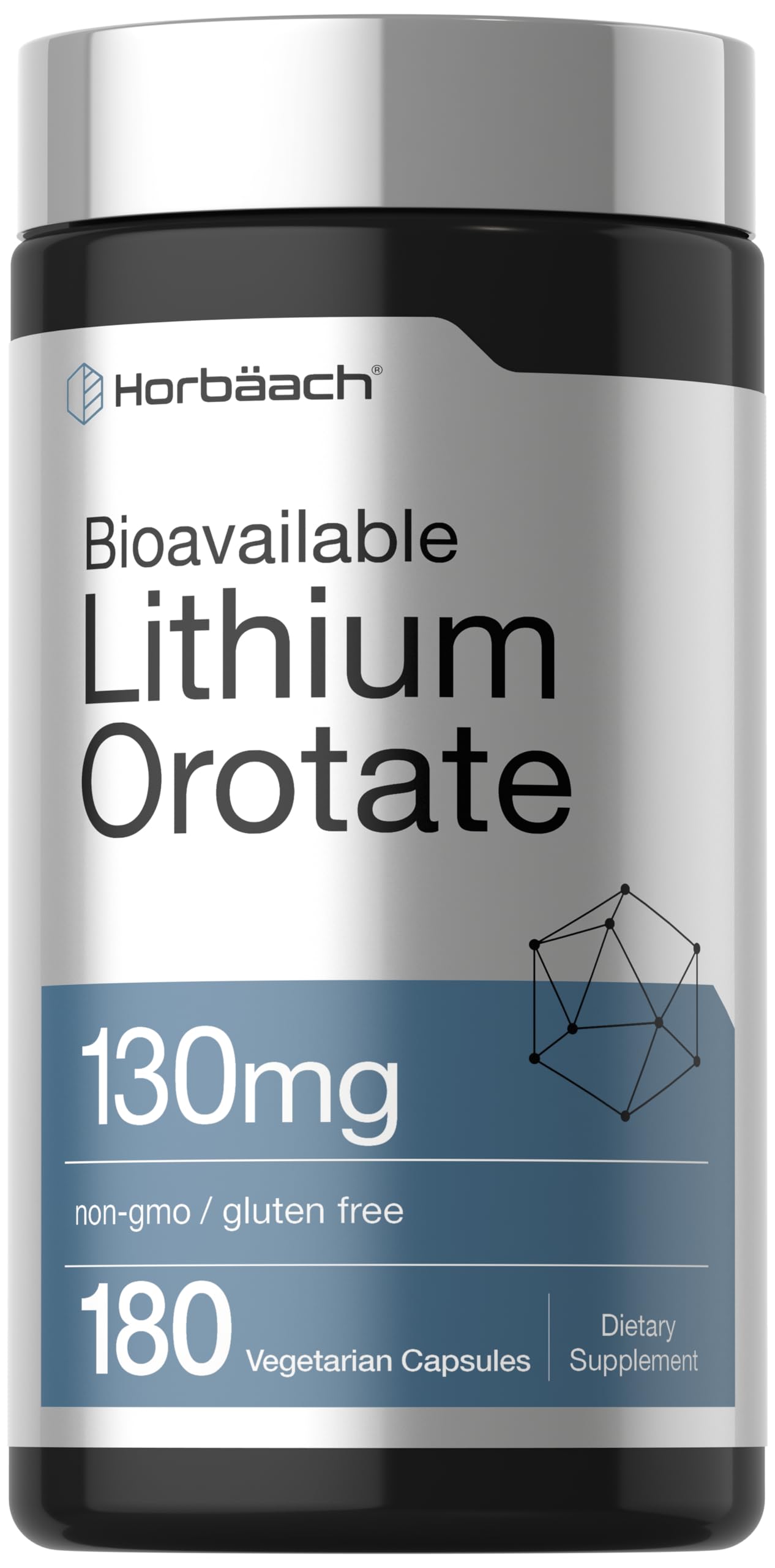 Horbäach Lithium Orotate 130mg | 180 Capsules | Non-GMO, Gluten Free, Vegan | 5mg Bioavailable Elemental Lithium