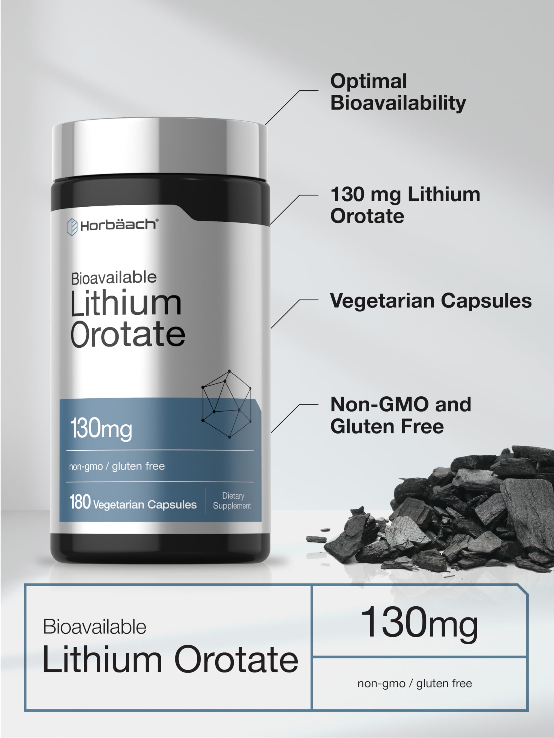 Horbäach Lithium Orotate 130mg | 180 Capsules | Non-GMO, Gluten Free, Vegan | 5mg Bioavailable Elemental Lithium - Image 4