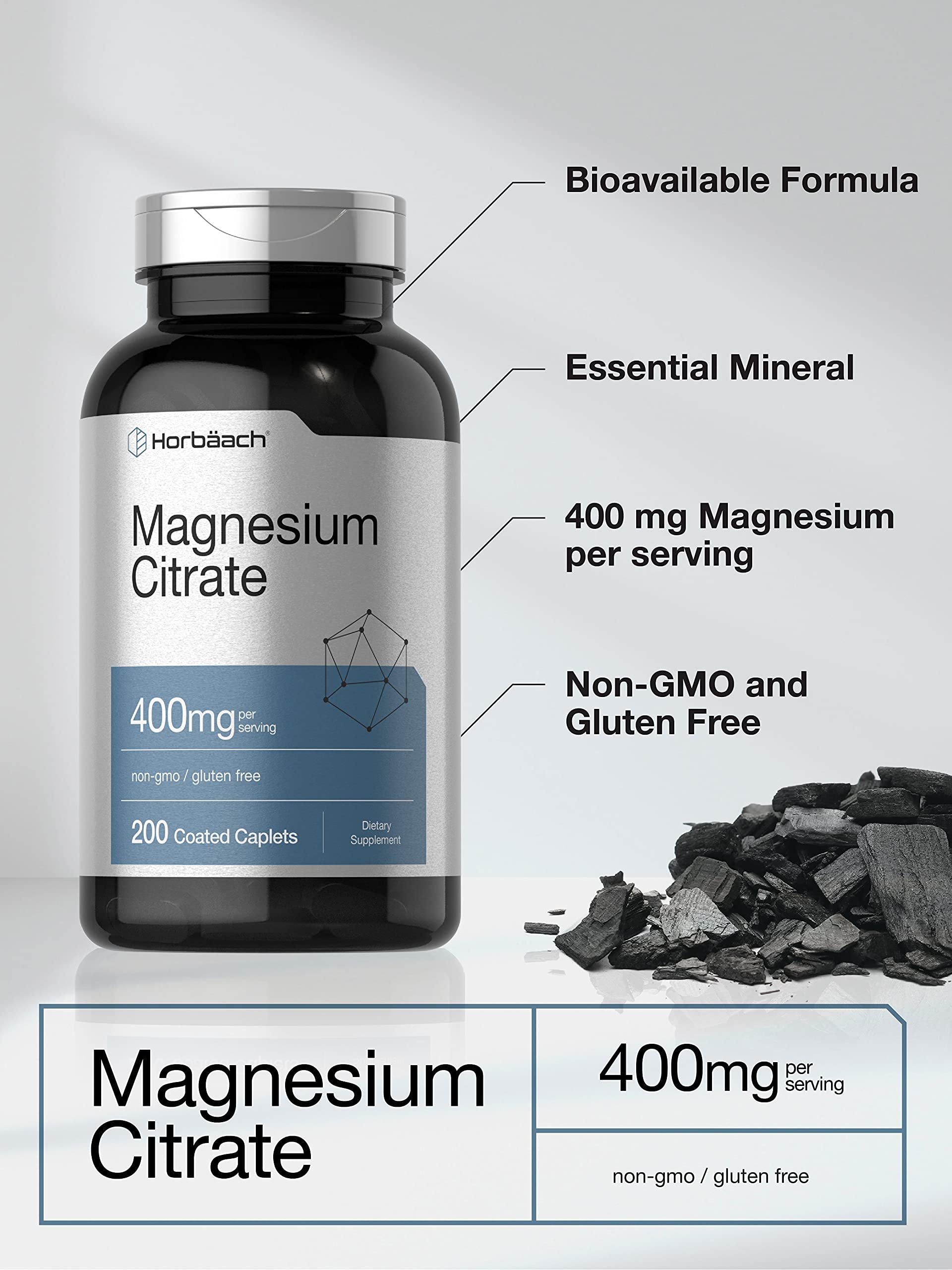 Horbäach Magnesium Citrate | 400mg | 200 Caplets | Vegetarian, Non-GMO, and Gluten Free Supplement - Image 3