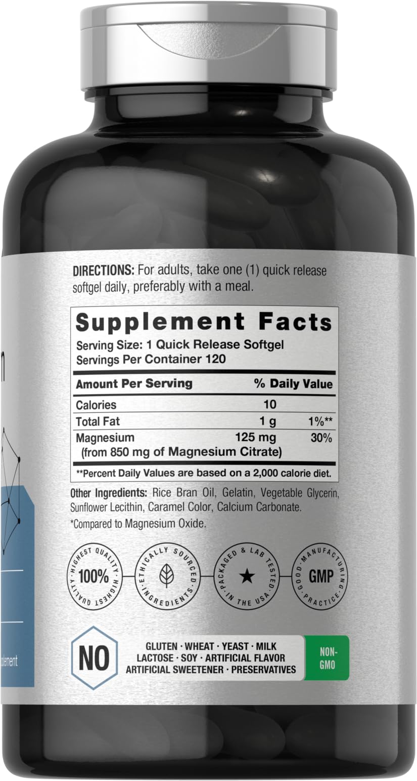 Horbäach Magnesium Citrate | 850mg | 120 Softgels | Superior Absorption | Non-GMO and Gluten Free Formula - Image 2