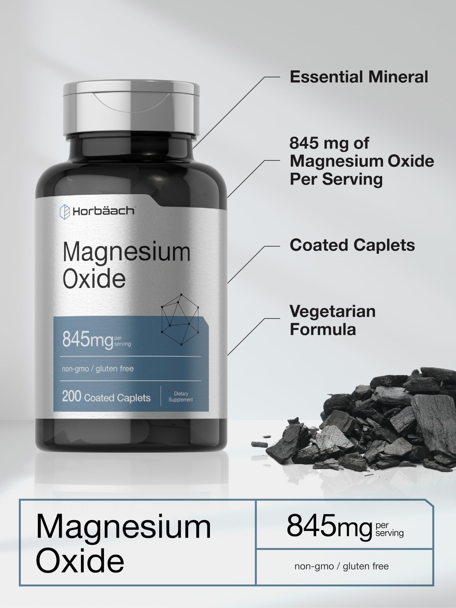 Horbäach Magnesium Oxide | 845 mg | 200 Coated Caplets | Vegetarian, Non-GMO, and Gluten Free Supplement - Image 4